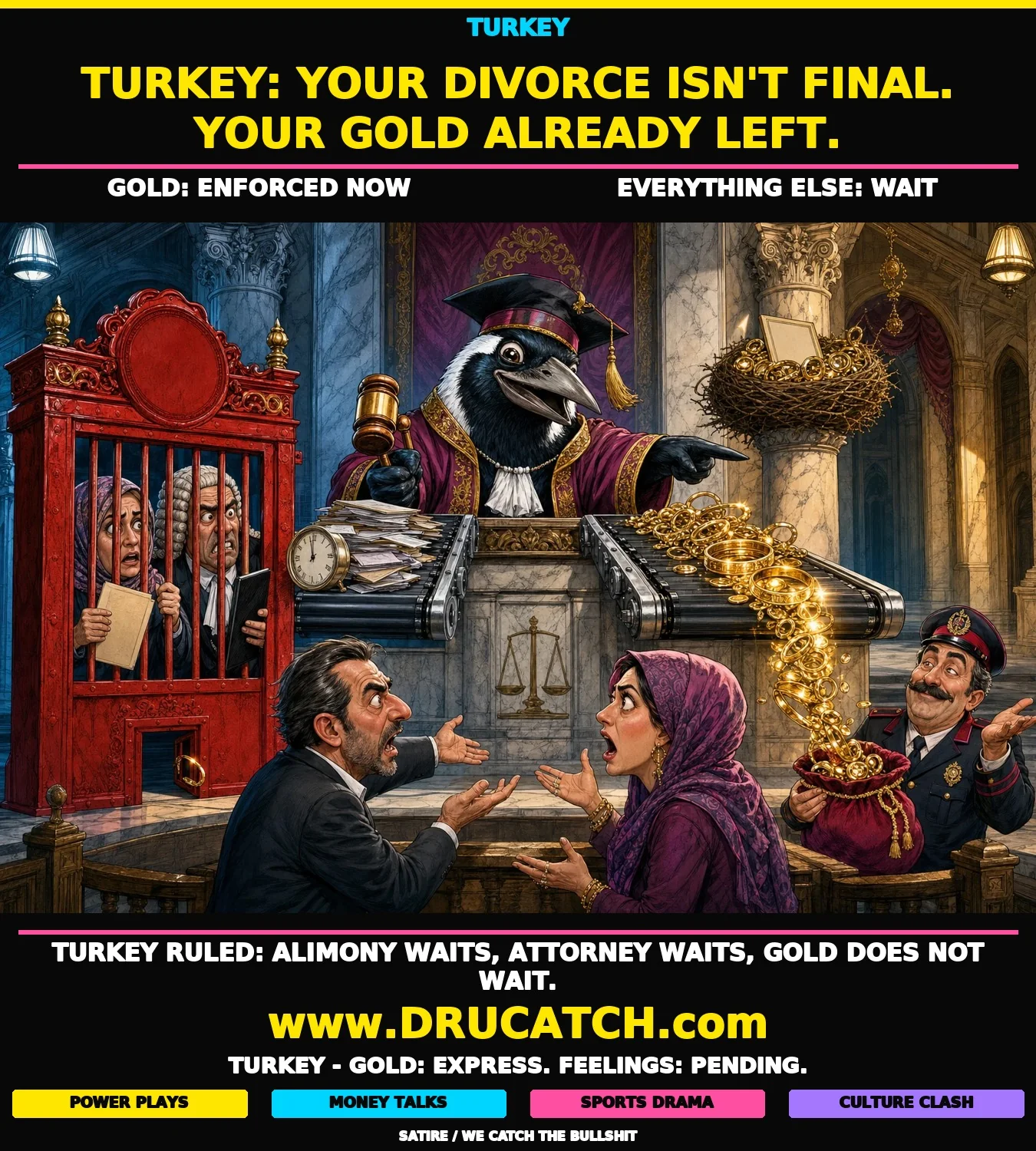 Editorial cartoon of an anthropomorphic magpie in Turkish judicial robes operating a two-lane courthouse conveyor belt: gold jewelry zips off the right lane into a velvet pouch while legal documents and fee claims pile up behind a locked finalization gate on the left.