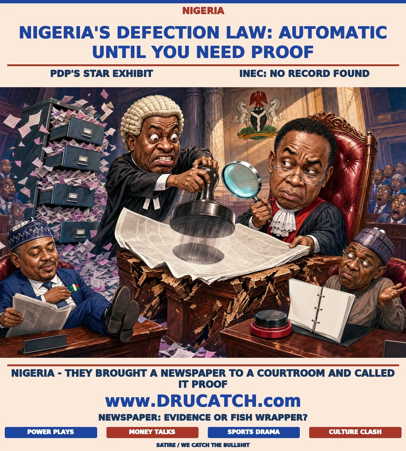 Editorial cartoon of a PDP lawyer slamming a rubber stamp through a newspaper on a judge's bench while the judge examines it with a magnifying glass finding nothing, in a Nigerian courtroom