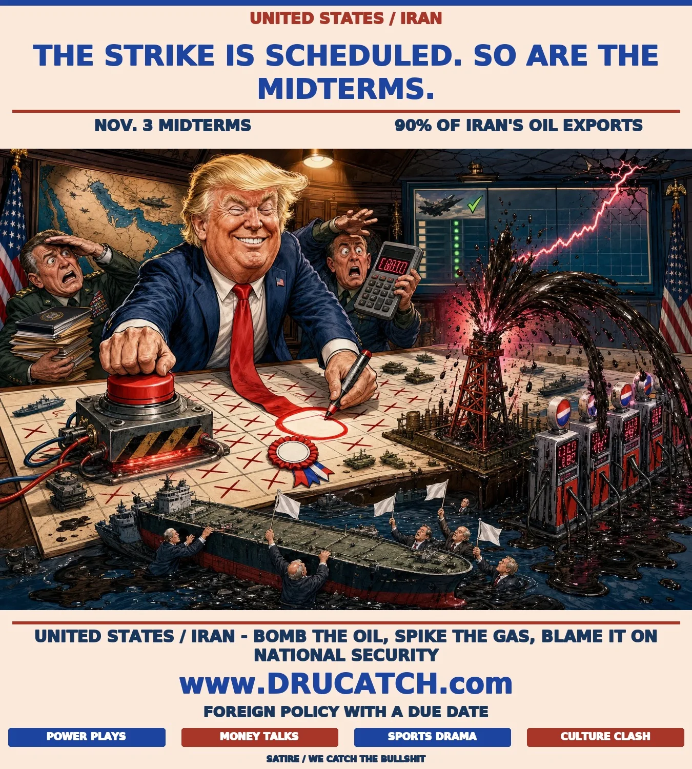 Trump's Iran Oil Strike and the November Calendar Editorial cartoon of a caricature Donald Trump at a military command table shaped like a calendar, pressing a launch button that explodes an oil derrick model, spraying crude onto miniature gas station pumps with prices spinning upward