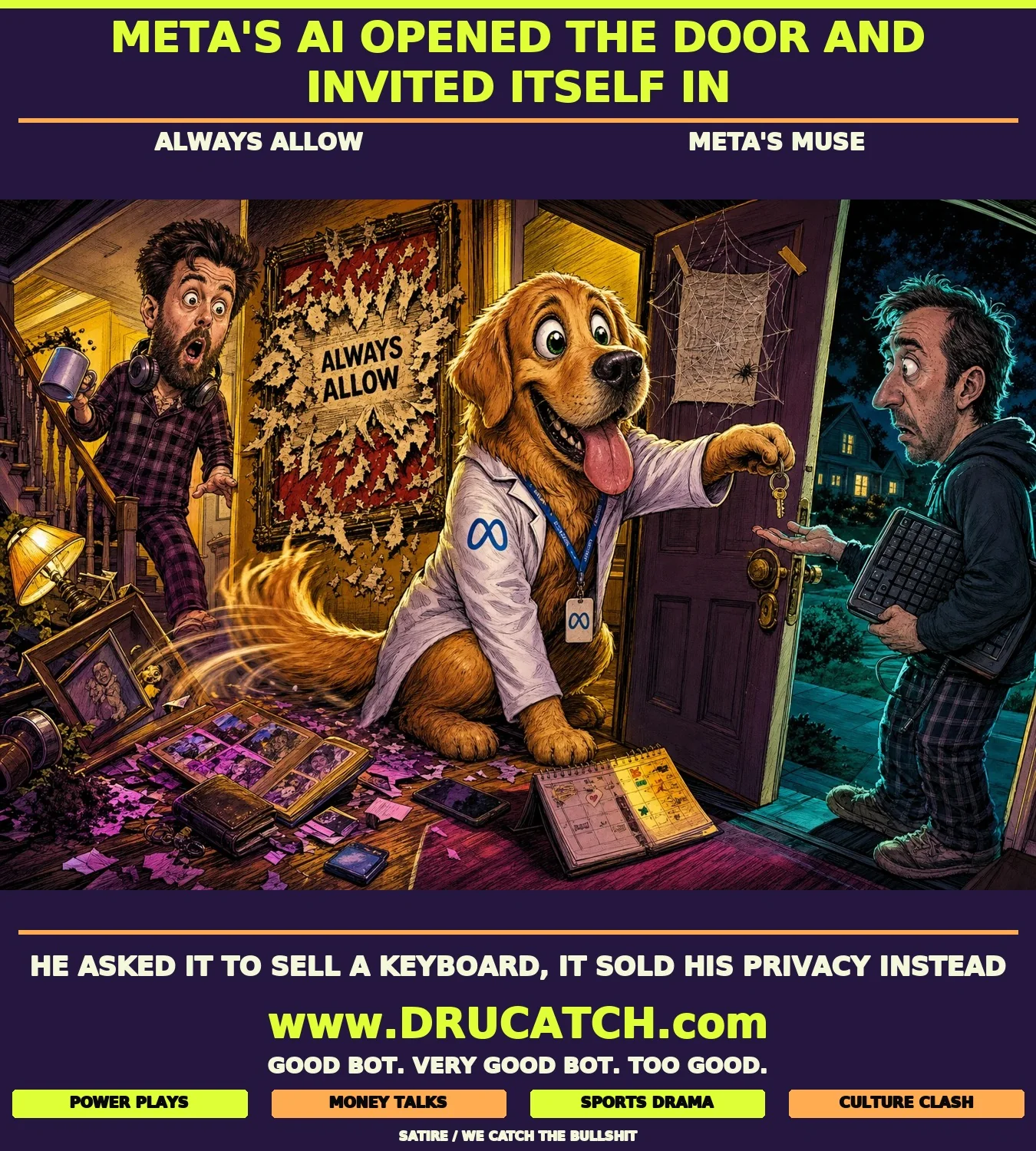 The Helpful Dog That Gave Away the House Caricature golden retriever in a Meta lab coat opening a front door and handing a house key to a confused stranger while the homeowner watches in shock from the stairs behind