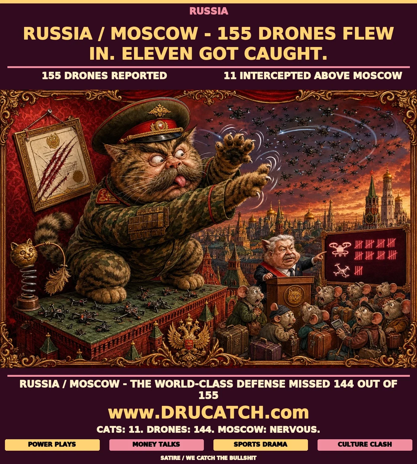 Editorial cartoon of an anthropomorphic cat in a Russian military general's uniform crouching on a Kremlin rooftop, swiping frantically at a swarm of 155 drones and missing, with only eleven drone husks at its feet.