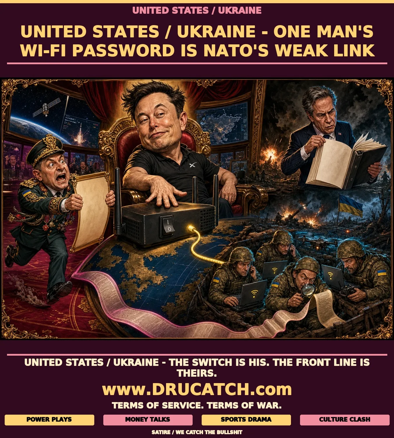 United States / Ukraine - Elon Musk, Starlink and the Front Line Wi-Fi Password Editorial cartoon caricature of Elon Musk seated at a giant router throne with one hand near a power switch, a glowing cable connecting his SpaceX console to a miniature Ukrainian battlefield trench where soldiers watch a single blinking Wi-Fi bar, while a Ukrainian general sprints toward him with a blank contract and a State Department official flips through an empty policy binder.