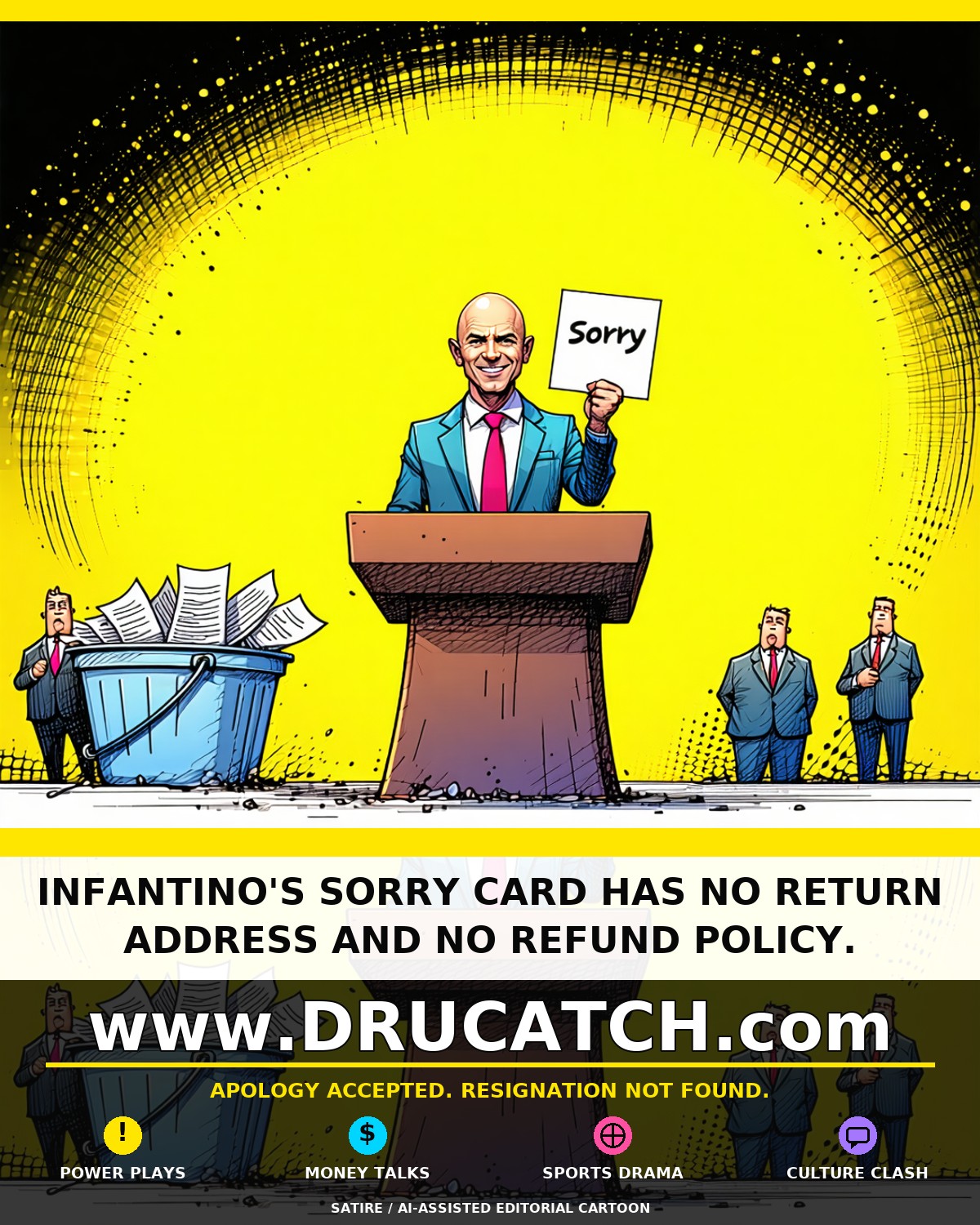 Gianni Infantino grinning at a FIFA podium clutching an oversized Sorry card while two anonymous European football officials react with frustration behind him