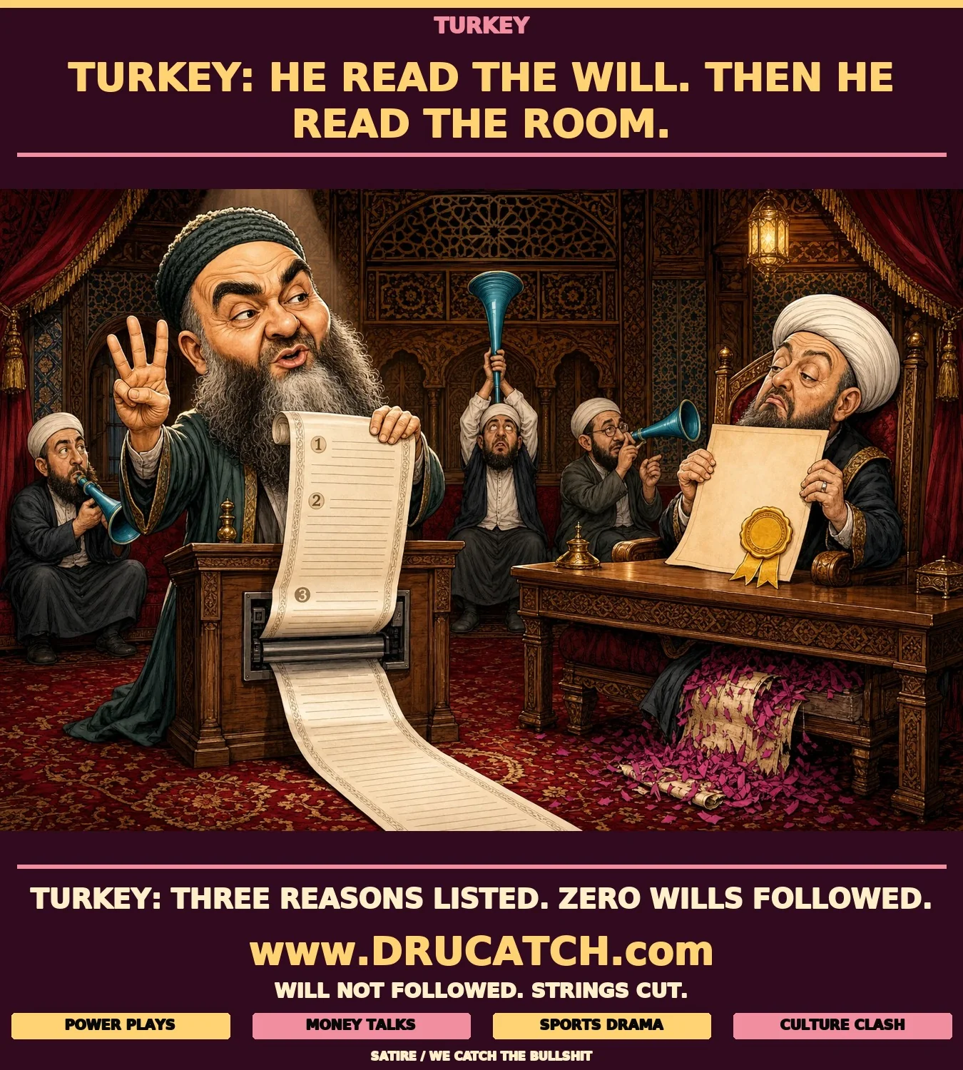 Editorial cartoon showing a caricature of Cübbeli Ahmet Hoca at a lectern holding an unspooling receipt scroll while a community leader across from him clutches a sealed blank appointment document above a floor covered in shredded will confetti, in a grand Turkish tekke interior.