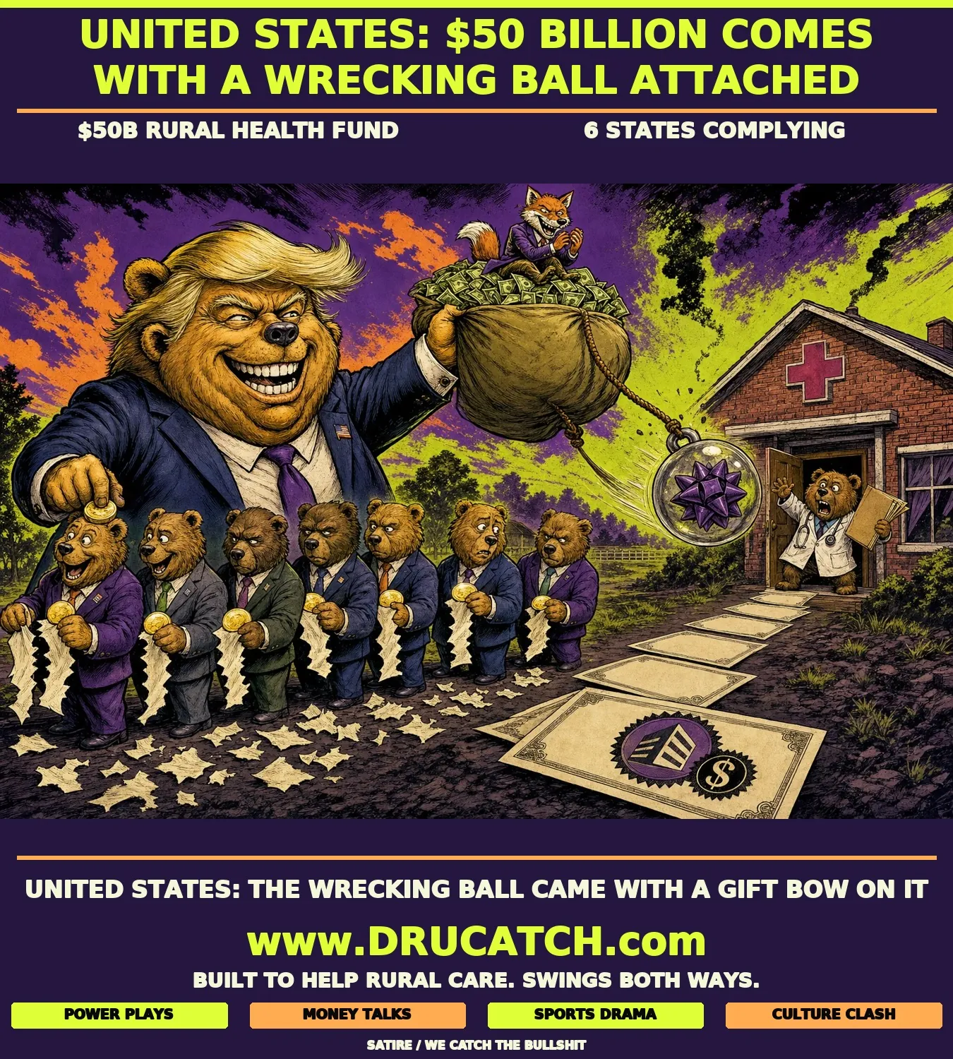 United States: The Rural Health Grant That Demolishes What It Claims to Save Editorial cartoon caricature of a large bear in a federal suit swinging a wrecking ball toward a small rural hospital while holding a cash sack, as six smaller governor bears queue up tearing their regulations in exchange for gold coins, with a fox riding the cash sack.
