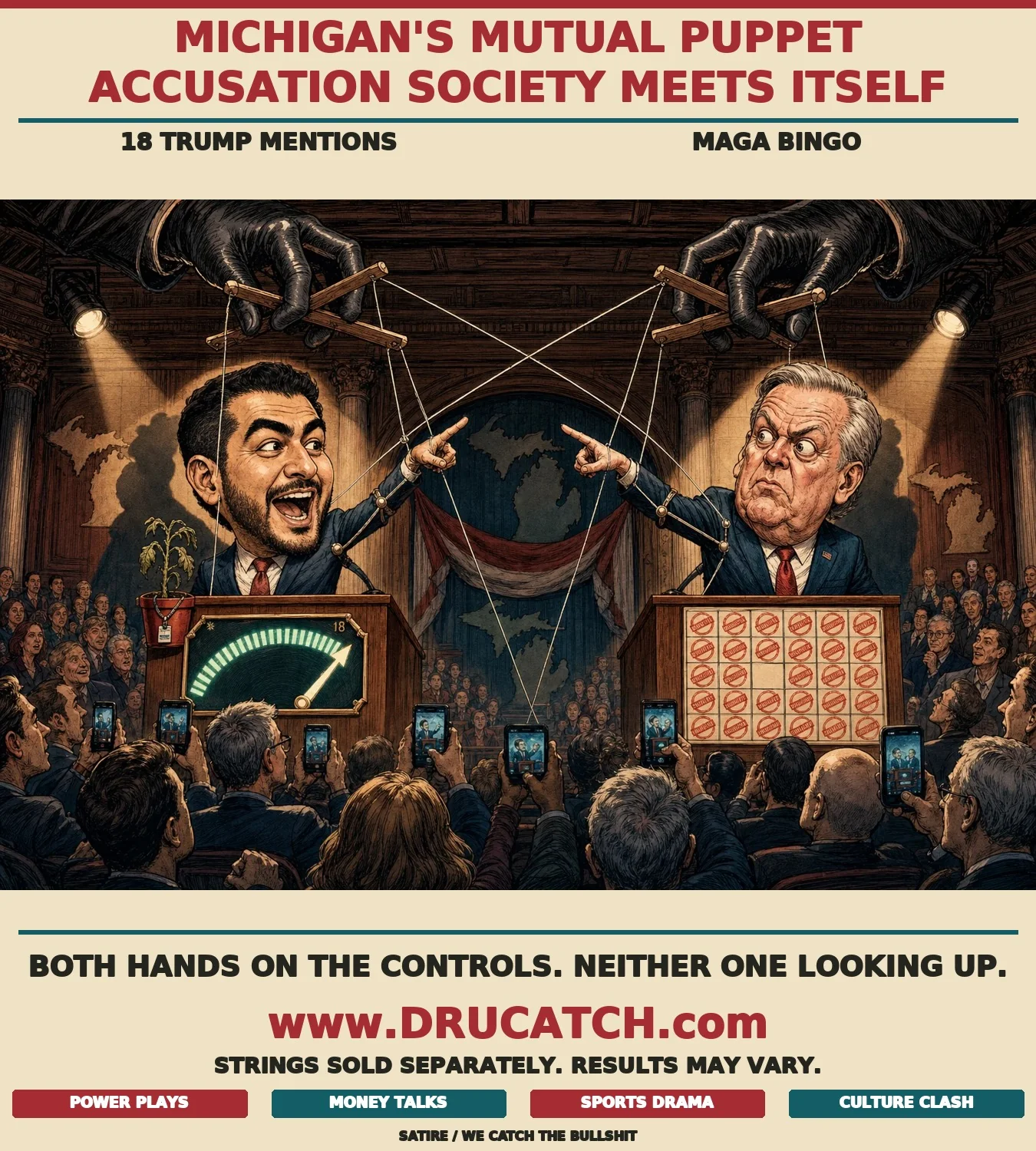 Editorial cartoon of Abdul El-Sayed and Mike Rogers at debate podiums, each pointing at the other's marionette strings while identical puppet hands from the same rafters control both of them simultaneously.