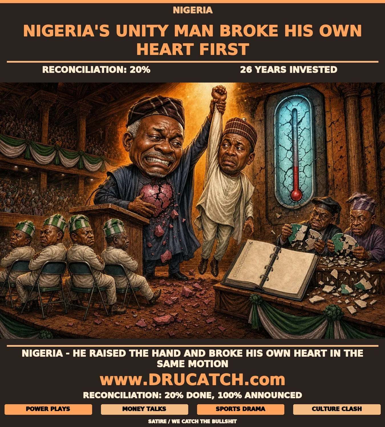 Editorial caricature of Teslim Folarin forcibly raising Sharafadeen Alli's hand at a podium while his own ceramic heart crumbles, a broken reconciliation thermometer behind them