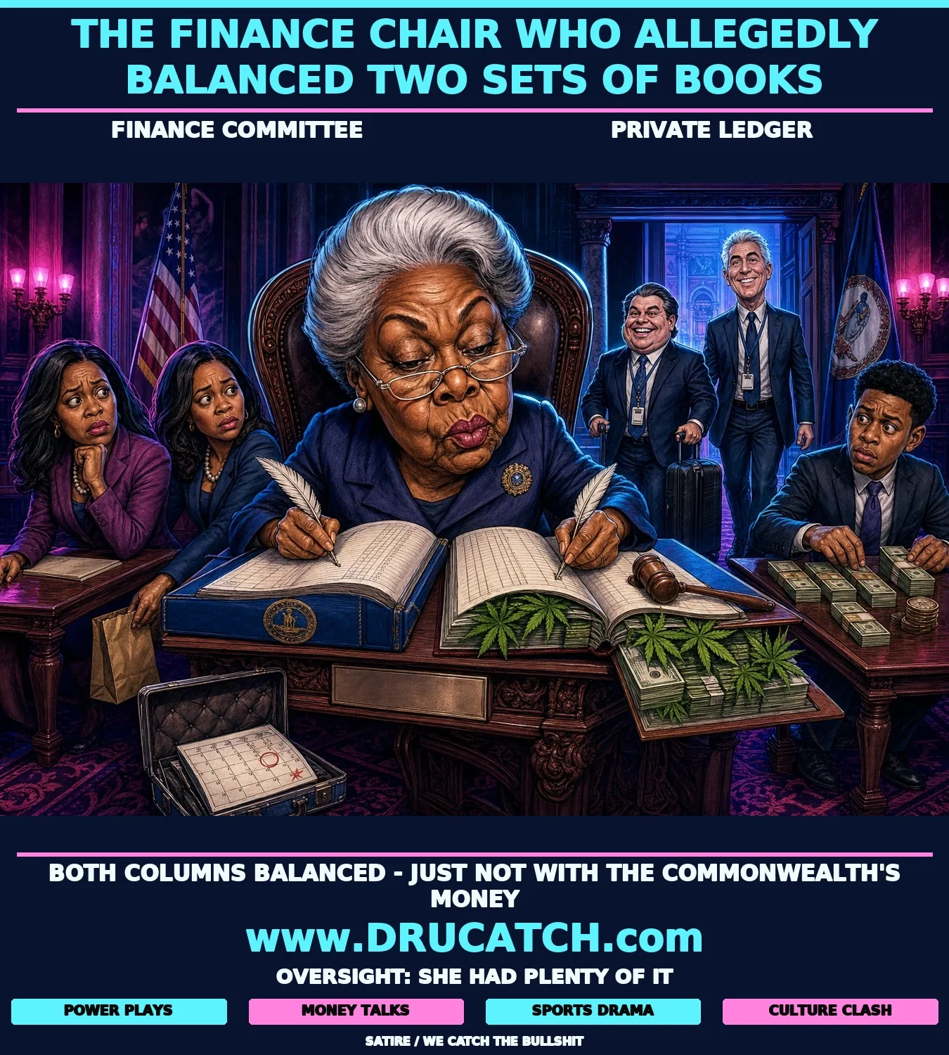 Editorial cartoon of Virginia state senator presiding over two ledgers at once - one official, one sprouting marijuana leaves - while two suited federal officials stride in from the rear with luggage and press badges.