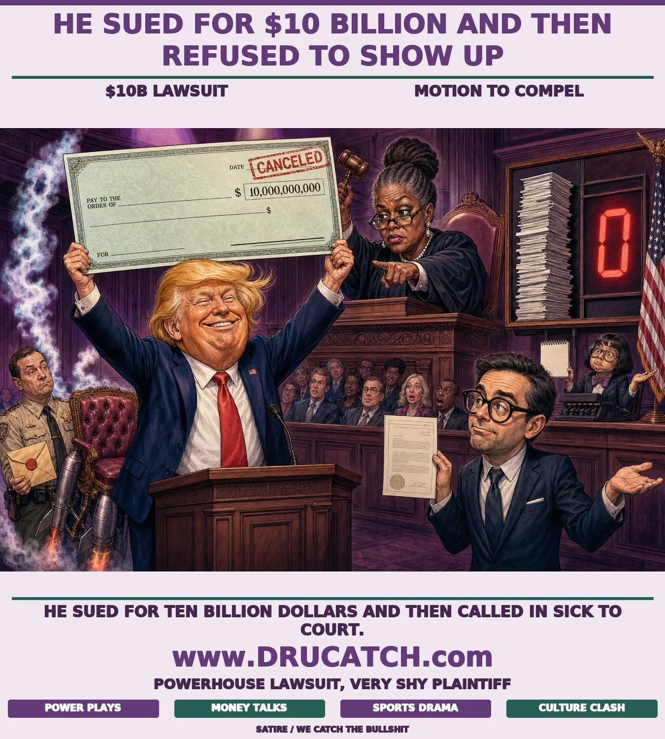 Editorial cartoon of Donald Trump in a federal courtroom hoisting a giant $10 billion check with a blank signature line, while a BBC lawyer presents a court order and the judge points at Trump's rocket-boosted plaintiff's chair, which is still smoking from a prior exit.