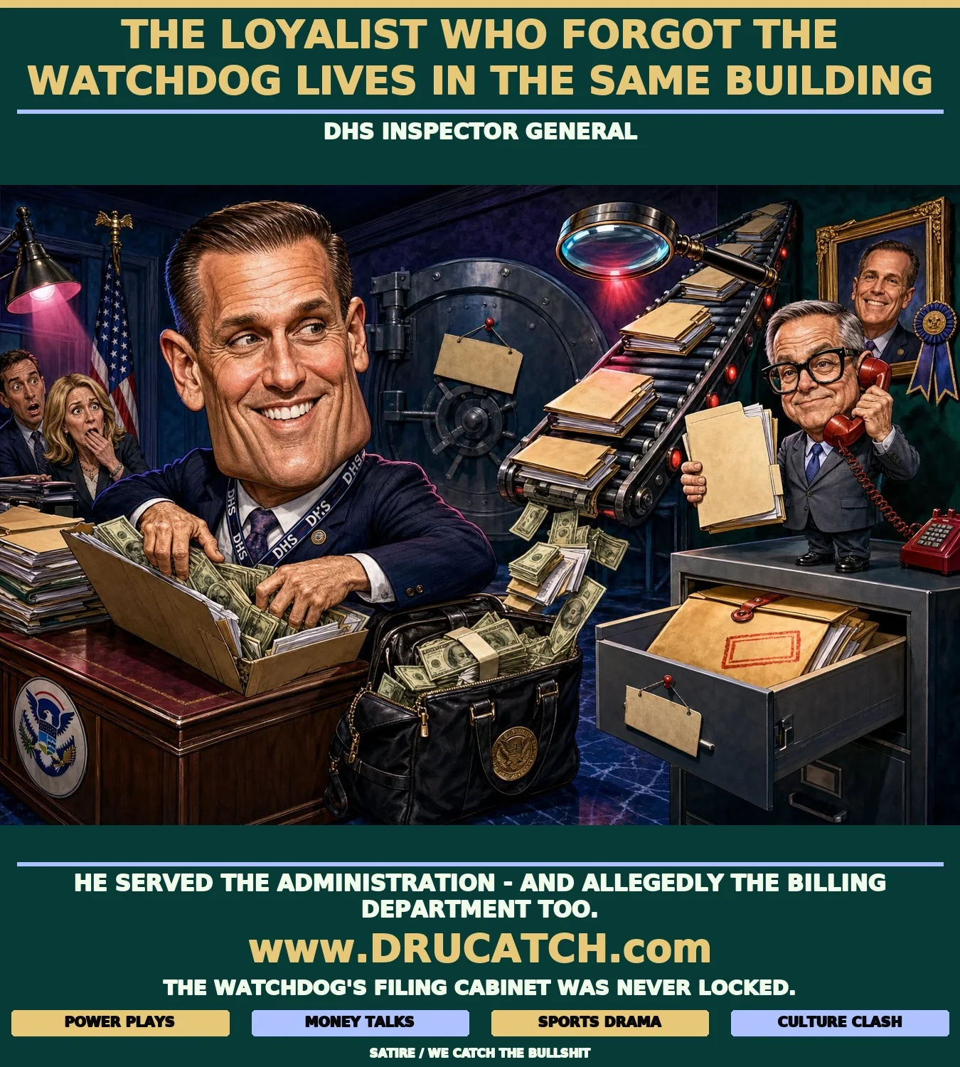 Editorial cartoon caricature of Corey Lewandowski at a DHS desk pulling contract folders into a briefcase while the DHS inspector general, standing on a filing cabinet, holds up a referral envelope and dials the DOJ.
