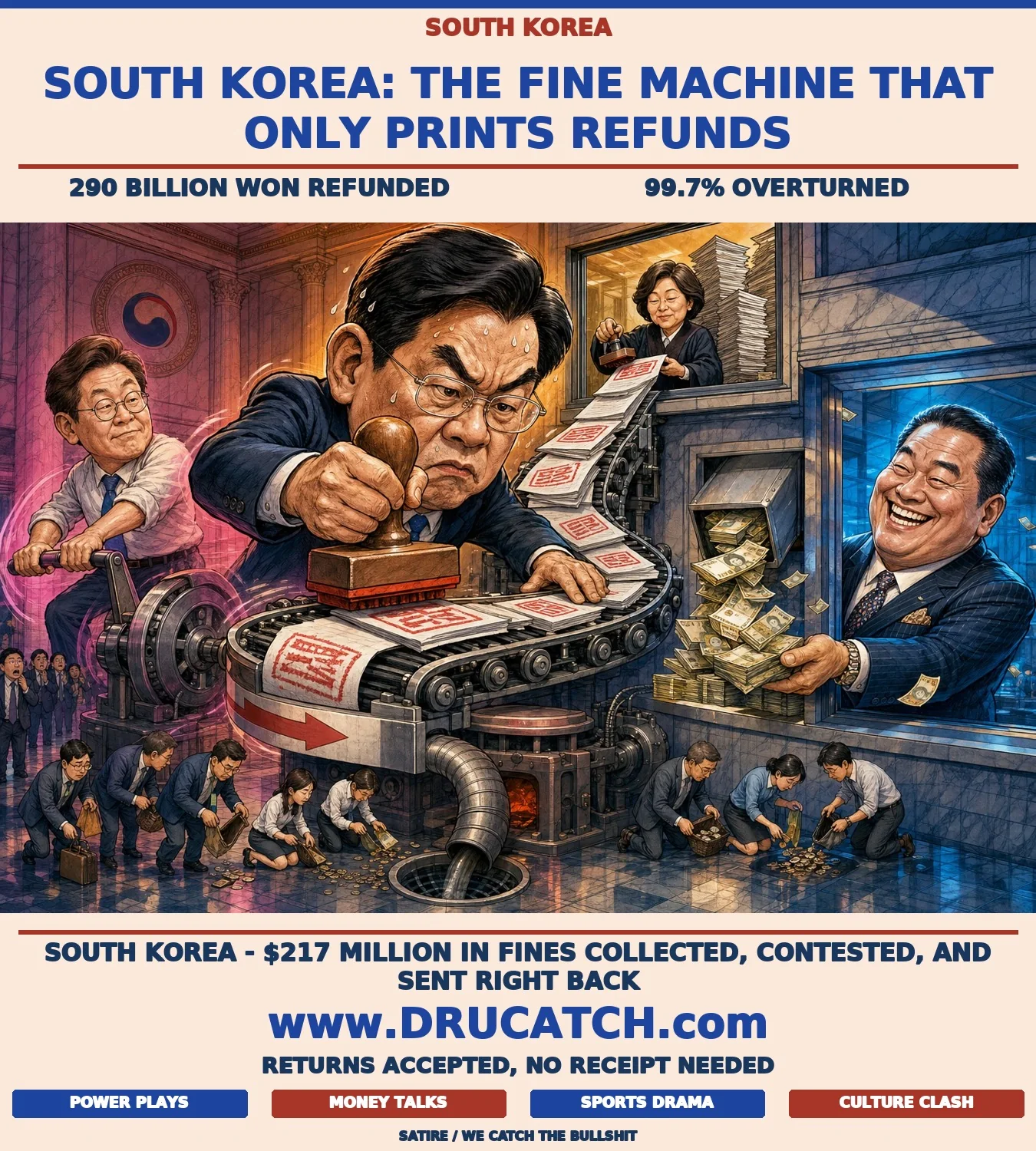 Editorial cartoon of a South Korean FTC bureaucrat stamping fines onto a backward-running conveyor belt that delivers refund cash to a grinning conglomerate executive