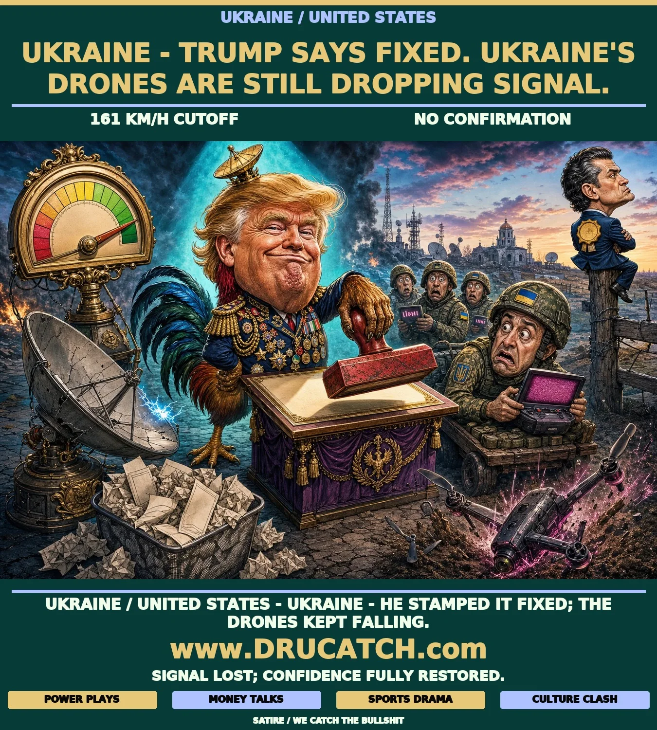 Editorial cartoon caricature: an anthropomorphic rooster with Trump's exaggerated head stamps RESTORED on a certificate at a podium while a Ukrainian soldier behind him holds a drone controller showing NO SIGNAL and a drone crashes into the dirt.