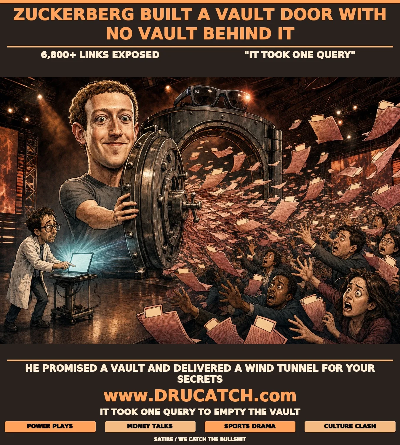 Meta Muse Privacy Cartoon - The Open Vault Editorial cartoon of Mark Zuckerberg proudly opening a giant bank vault door that has no back wall, private documents flying through it while panicked users scramble to catch them