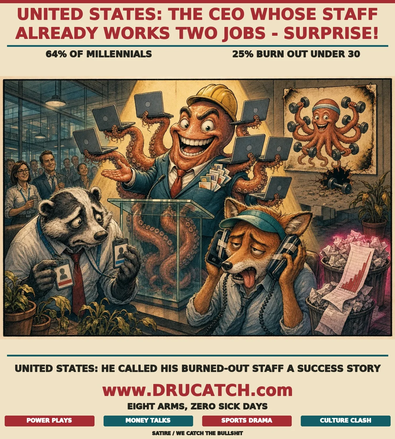 Editorial cartoon of an octopus CEO in a suit proudly presenting two exhausted employees - a badger with dual company badges and a fox with two phones taped to its ears - as a product demo, while the octopus's own tentacles fray and a burnout survey overflows a trash can nearby.