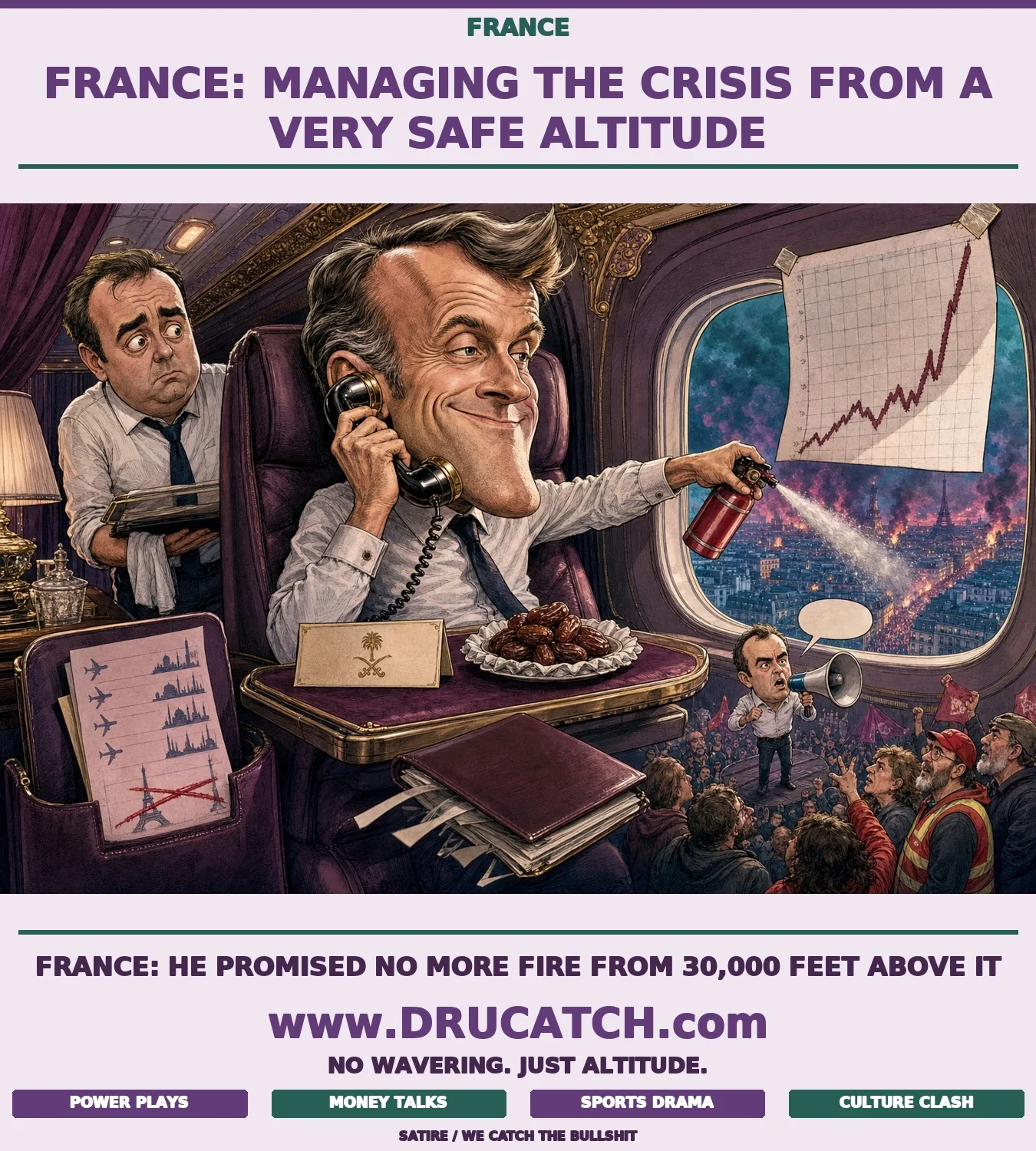 Editorial caricature of Emmanuel Macron in a luxury jet seat aiming a tiny fire extinguisher through the plane window at a miniature burning Paris far below, while speaking confidently on the phone.