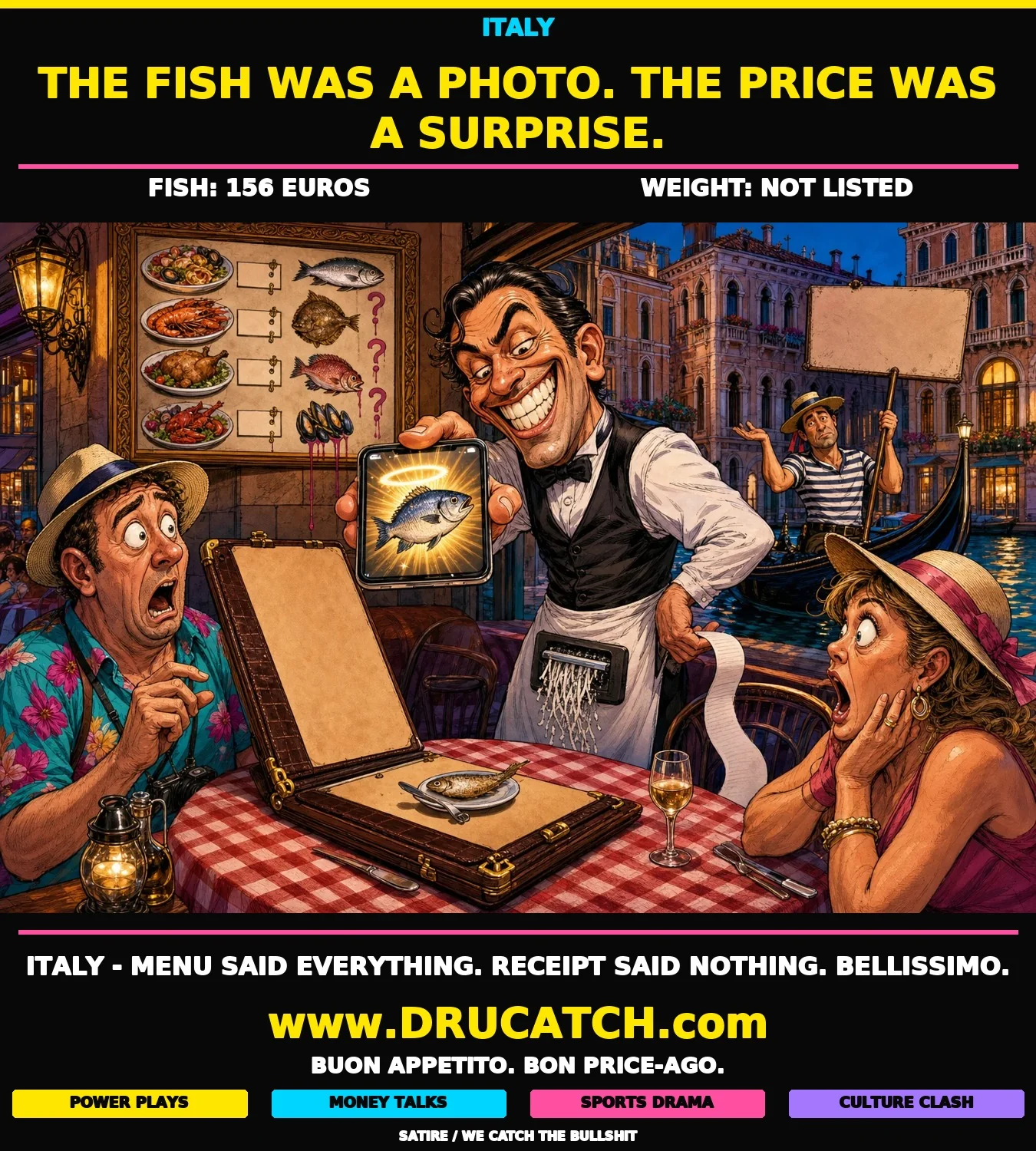 Venice Fish Bill Dispute - DruCatch Editorial Cartoon Editorial cartoon of a Venice trattoria waiter showing tourists a phone photo of a fish while secretly shredding the itemized receipt behind his back