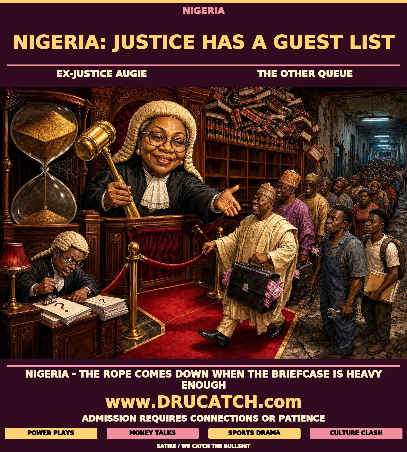 Editorial cartoon of a judge in Nigerian robes operating a velvet rope at a courtroom entrance, admitting wealthy figures while ordinary citizens wait in a crumbling hallway