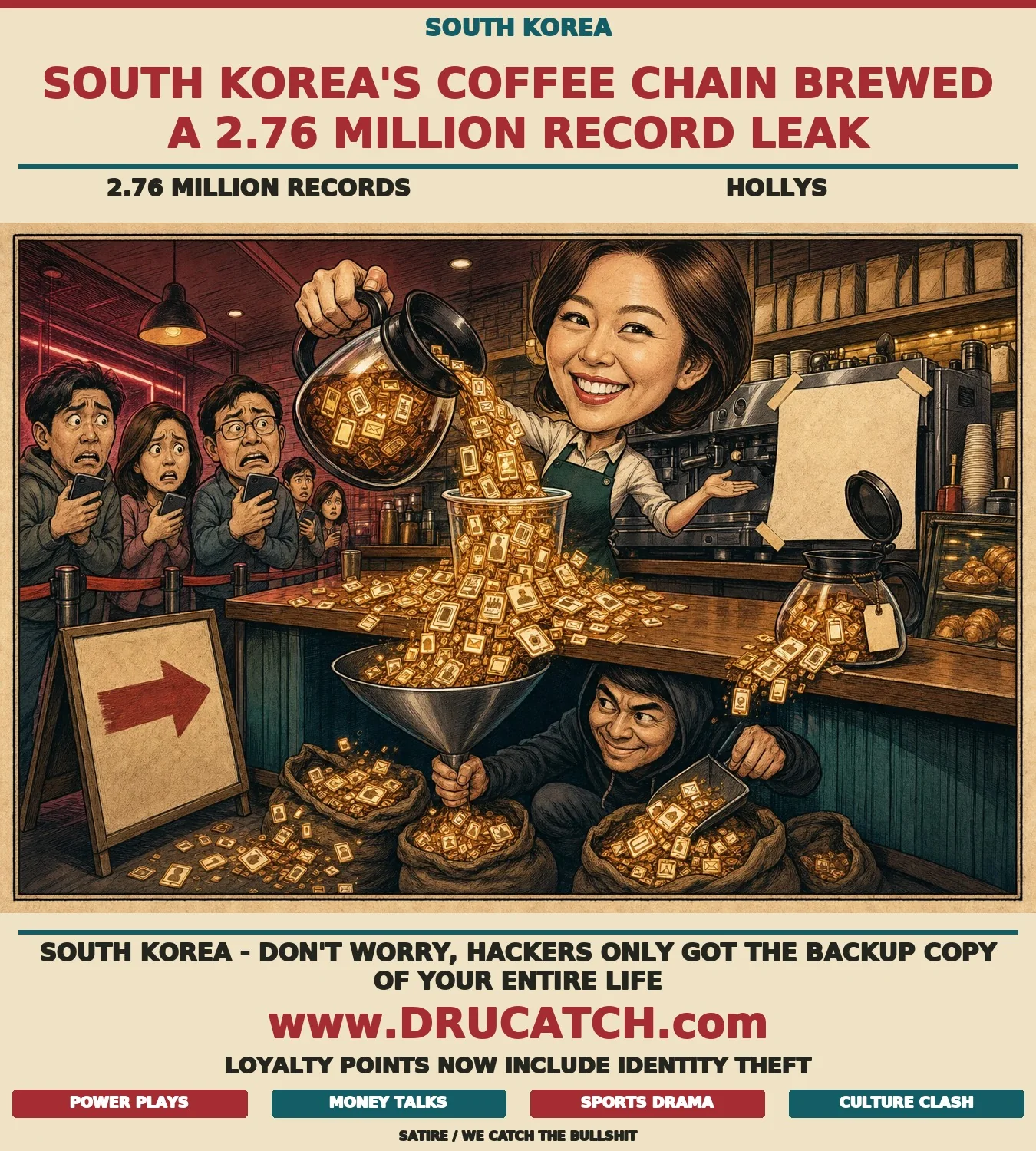 Editorial cartoon of a coffee barista pouring data cards instead of coffee from a giant pot while a hacker collects them from under the counter in a Korean coffee shop