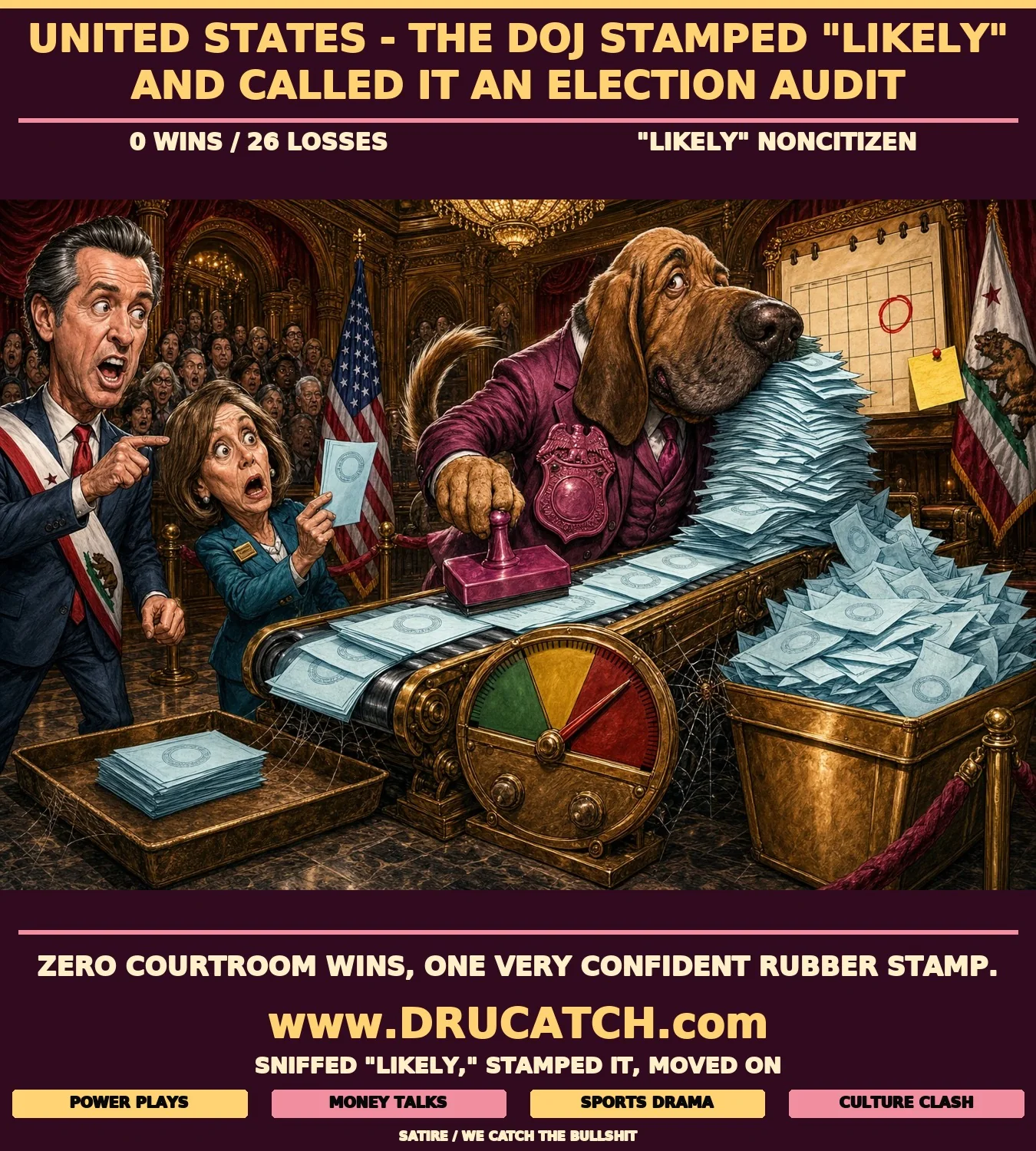 Editorial cartoon: an anthropomorphic DOJ bloodhound in a suit rubber-stamps ballots into a HOLD bin on a brass conveyor belt while a PROBABILITY-O-METER points at LIKELY, confirmed evidence files sit dusty and ignored on the floor, and a California county registrar stares in disbelief.