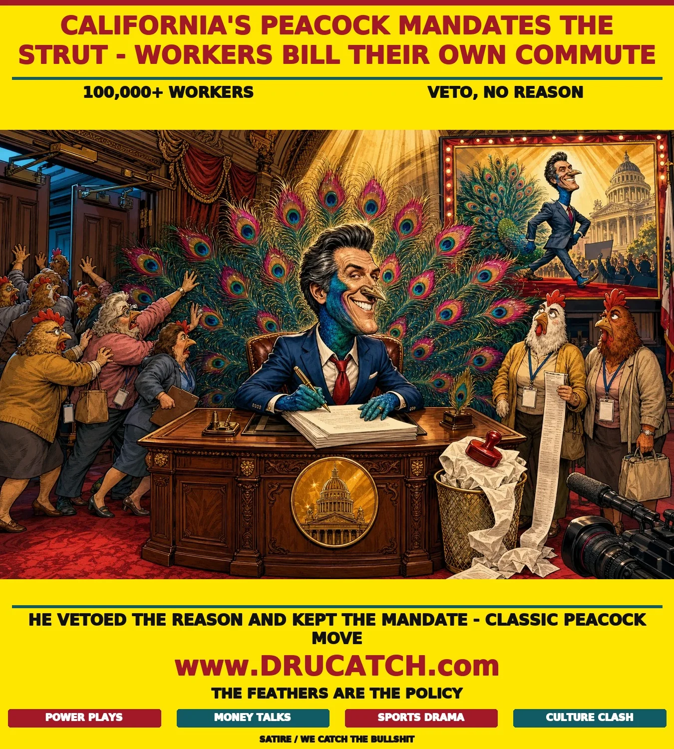 Editorial cartoon of Gavin Newsom as an anthropomorphic peacock whose fanned tail feathers block the office exit doors while California state worker hens in lanyards push to get out, a vetoed blank scroll in the wastebasket beside him and a 2028 campaign billboard on the wall behind.