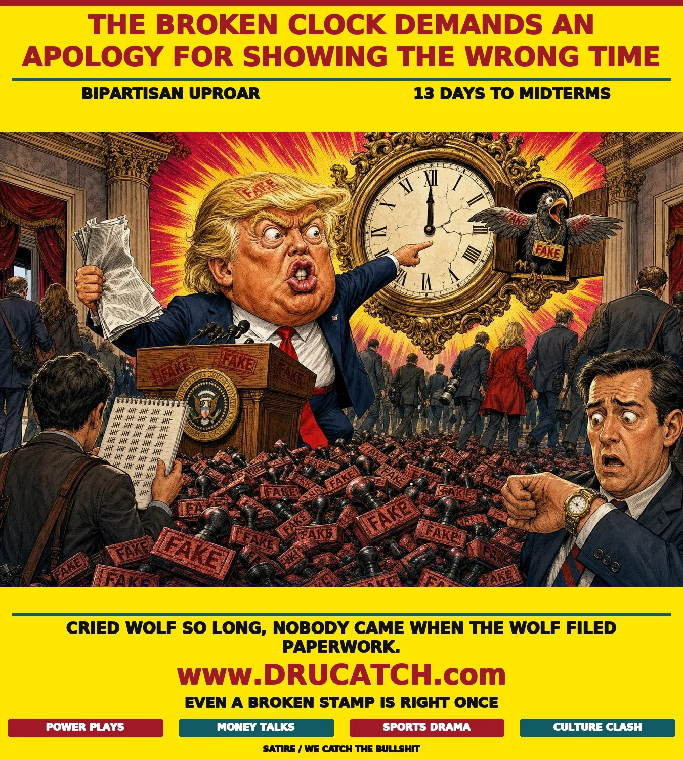 Editorial cartoon caricature of Trump at a podium jabbing his finger at a broken clock on the wall that happens to show the correct time, while a cuckoo bird wearing a rubber stamp exits the clock, spent fake stamps litter the floor, and journalists walk away unimpressed.