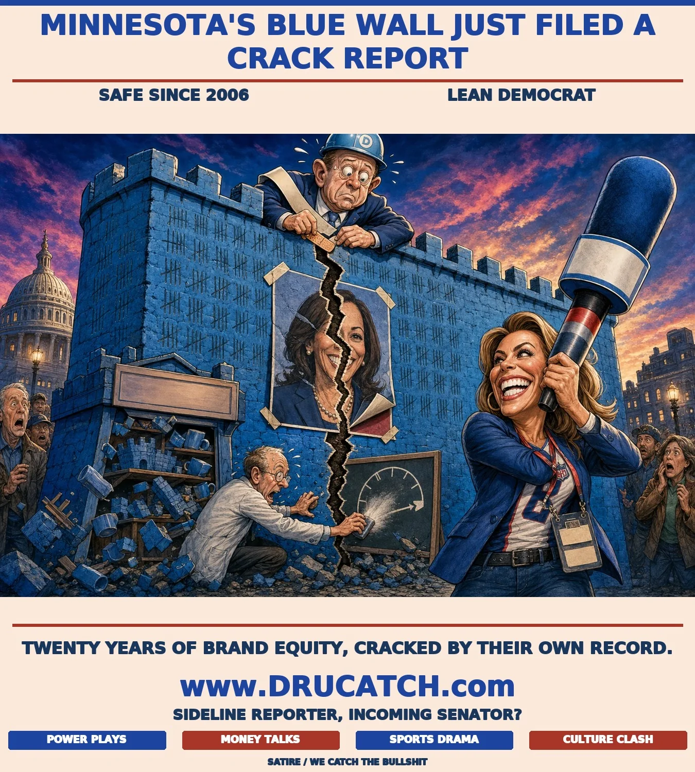 Editorial cartoon of a giant crumbling blue fortress wall splitting down the middle while a Democratic official applies a tiny Band-Aid to the crack and a grinning woman with a sports microphone stands outside it untouched.