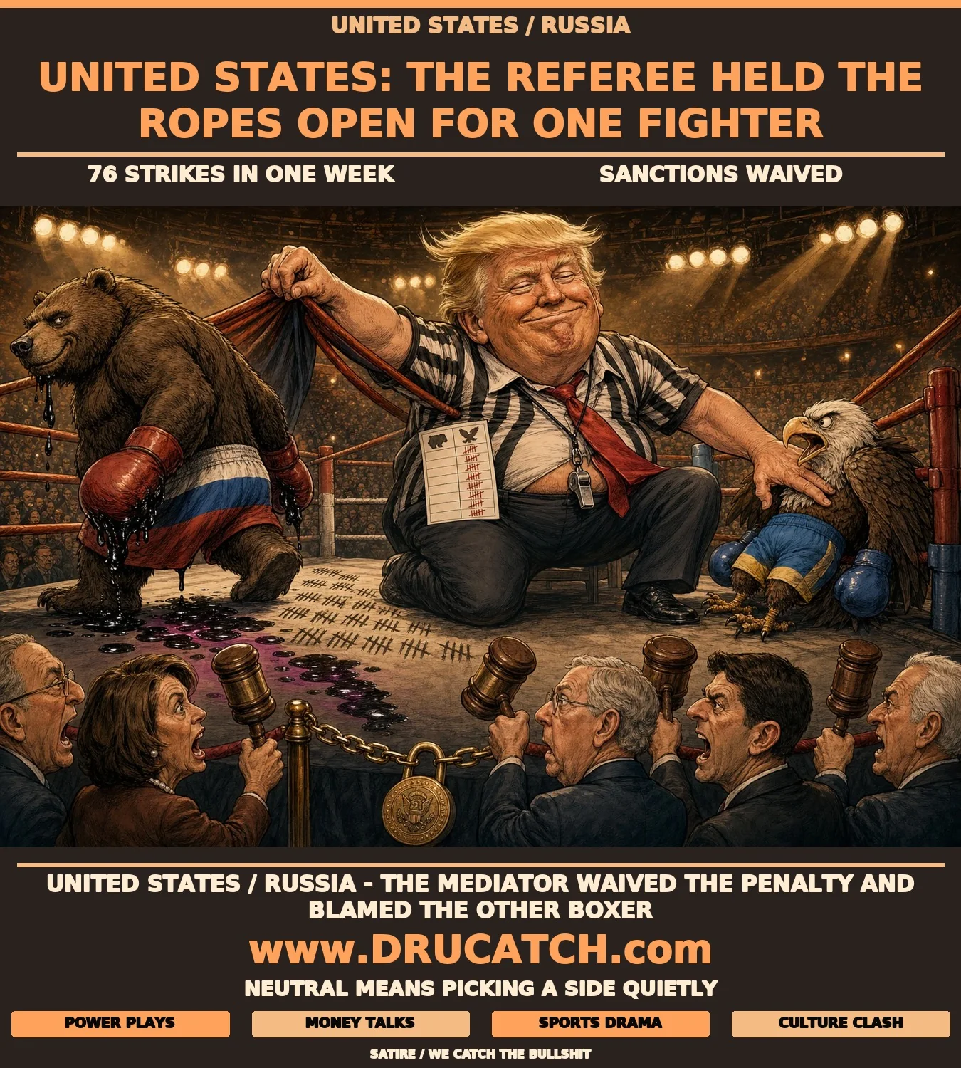 Editorial cartoon of a caricature Trump as a boxing referee lifting ropes for a Russian bear while pinning a Ukrainian eagle in the corner, with locked-out Congress members at ringside