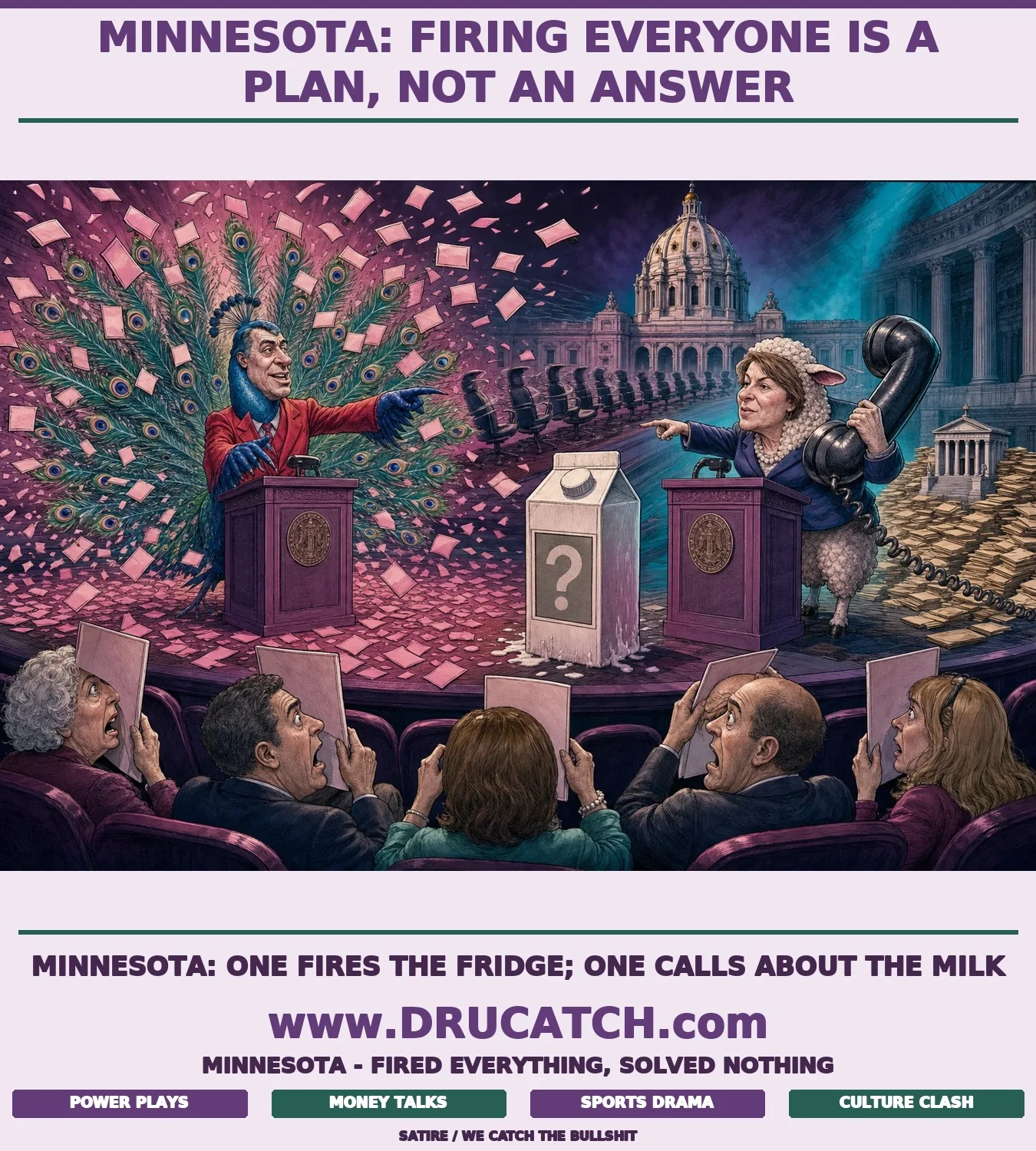 Editorial cartoon showing a peacock in a red blazer (Demuth) fanning blank commissioner name cards off its tail feathers in a confetti explosion, while a sheep in a navy blazer (Klobuchar) clutches an oversized telephone connected by cord to a distant Justice Department building, with a MISSING-panel milk carton on stage between them and both birds pointing at each other.