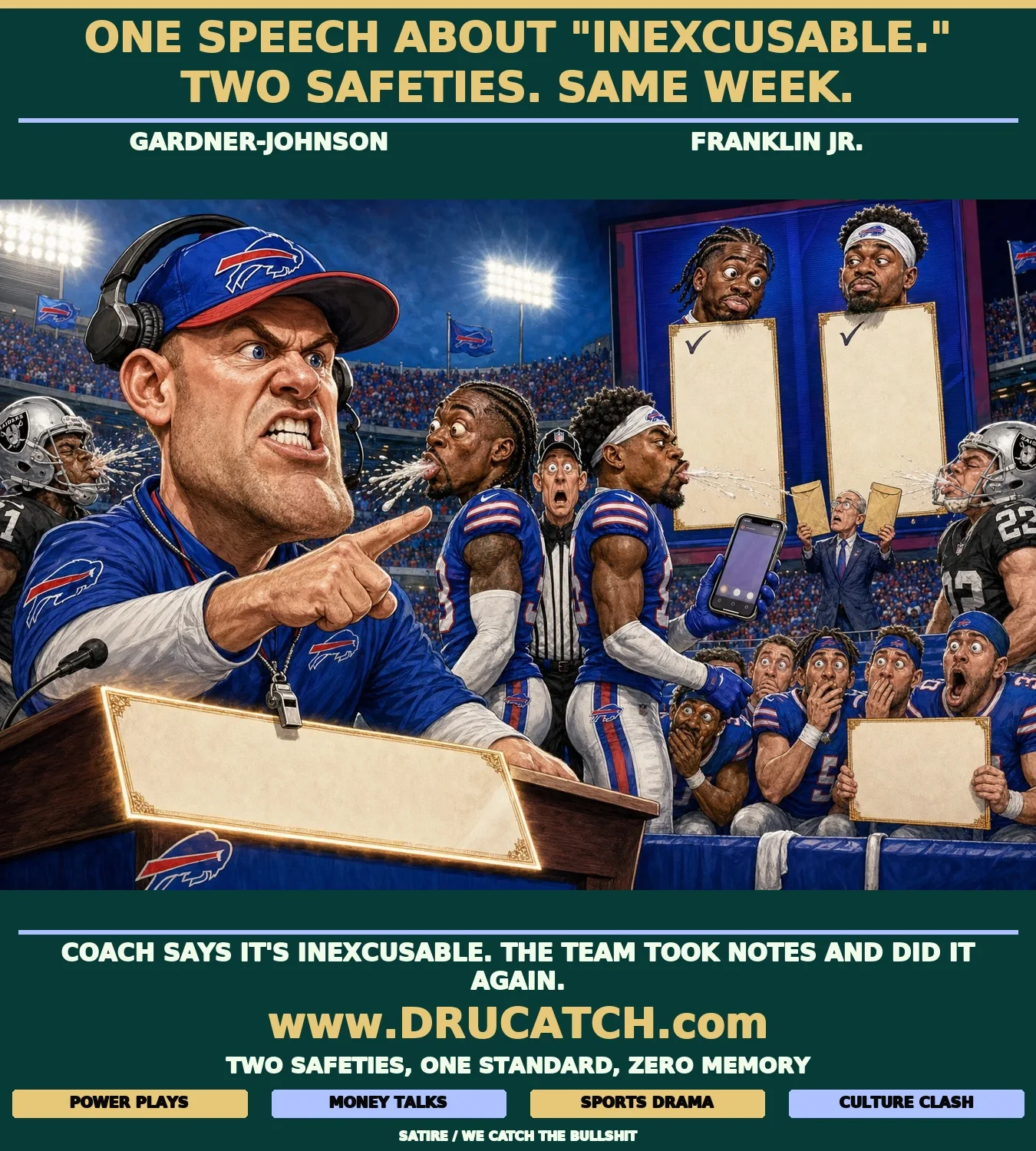 Editorial cartoon of Bills coach Joe Brady furiously gesturing at a conduct decree at his podium while two Bills safeties spit at opponents in tandem directly behind his back, one of them simultaneously composing an Instagram denial on his phone.