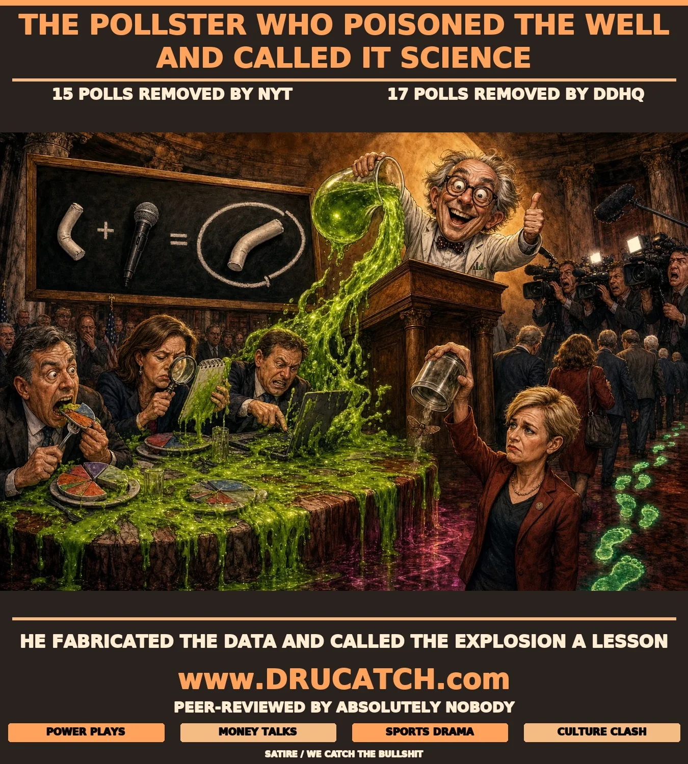Wedgewood Polling's Social Experiment Dissolves Real Campaigns Editorial cartoon of a mad scientist at a podium pouring fake polling liquid onto journalists and politicians eating data pie charts at a banquet table
