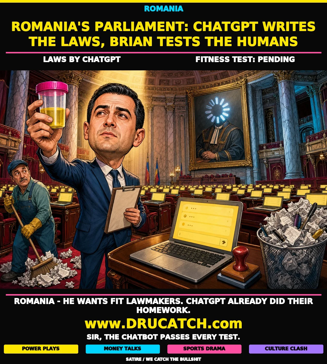Editorial caricature of Romanian USR deputy Brian Cristian holding a urine-sample cup in a grand parliamentary chamber where every empty seat has a glowing AI chat interface open on its laptop, drafting legislation with no human present.