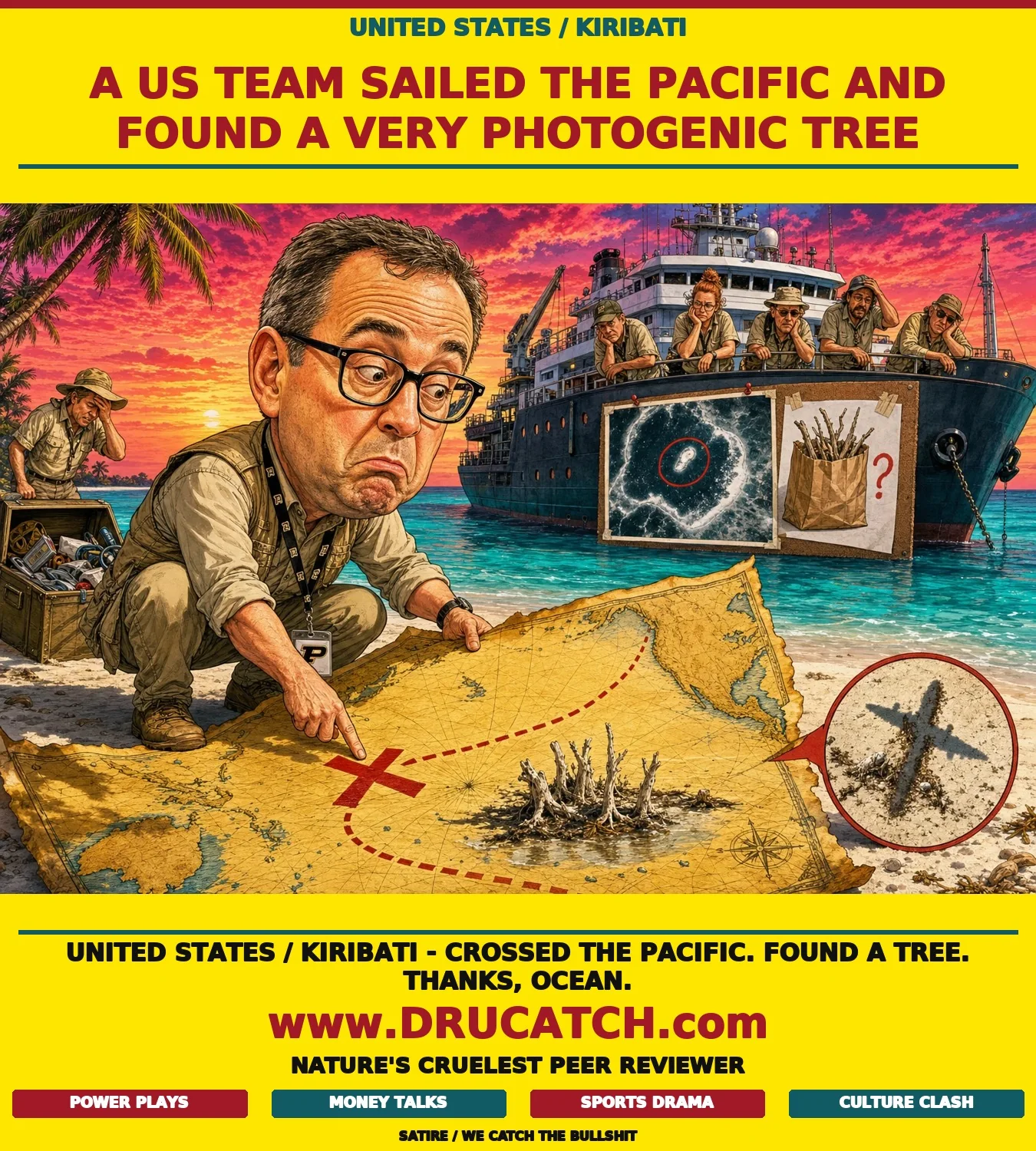 The Metallic Glint That Crossed an Ocean Cartoon caricature of researcher Steve Schultz kneeling on a Pacific atoll beach holding a treasure map with a red X, pointing at a tiny anticlimactic clump of waterlogged driftwood trees while a large research vessel sits anchored behind him in a turquoise lagoon, its crew leaning over the railing in shared disappointment.
