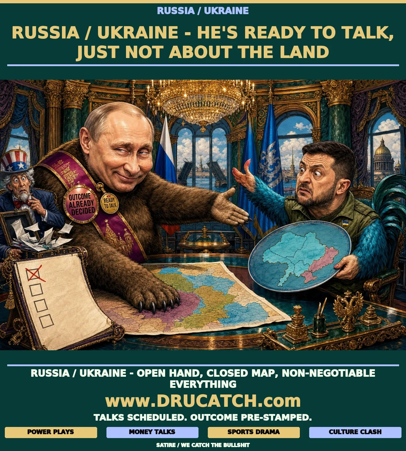 Editorial cartoon caricature of a bear with Putin's face sitting at a grand negotiating table, one paw covering a territorial map while extending an exaggerated handshake to a rooster with Zelenskyy's face holding Ukraine's freeze-line map.