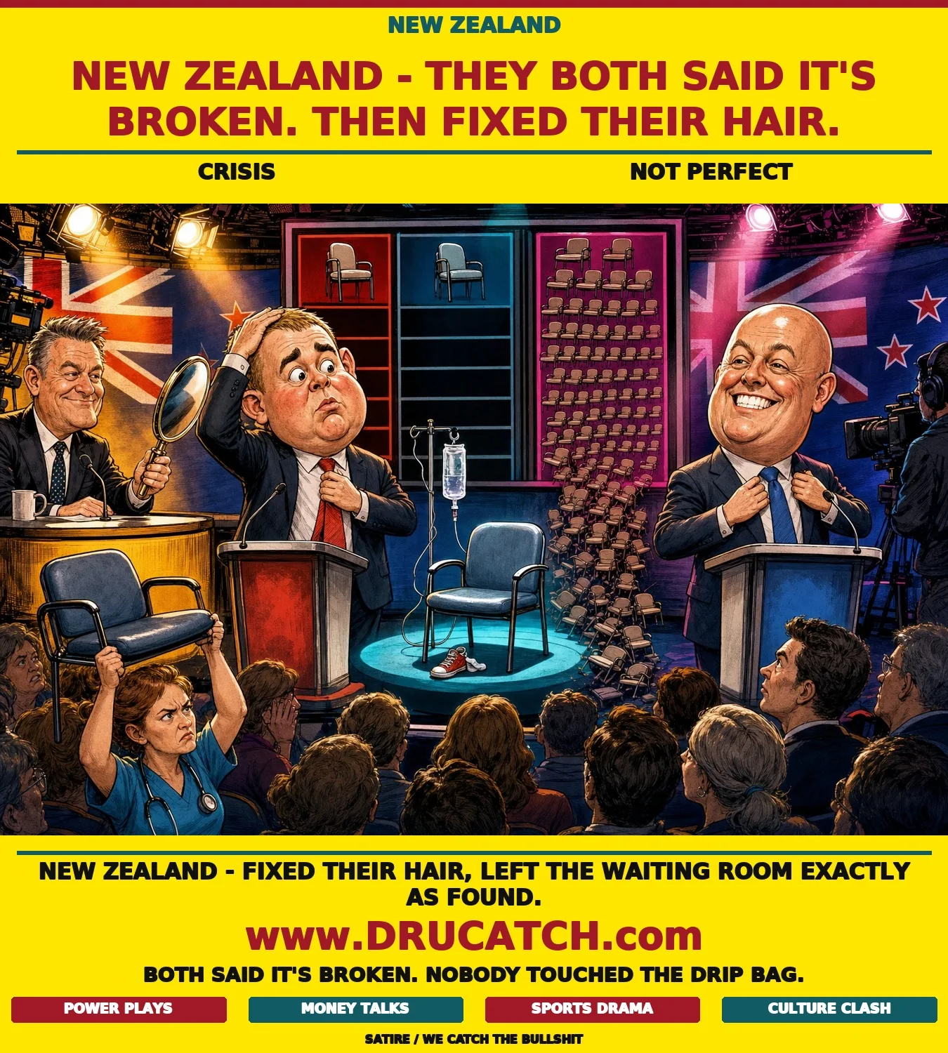 Editorial cartoon of Chris Hipkins and Christopher Luxon at debate podiums adjusting their hair while a hospital waiting-room chair with a chemotherapy drip bag sits ignored between them on a TV studio stage.