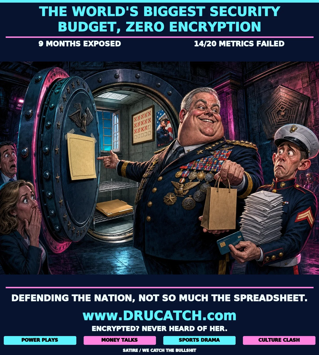 Editorial cartoon of a Pentagon general proudly swinging open a massive vault door to reveal unguarded files on an open shelf beside a window with a rope ladder, while handing a tiny gift bag to a bewildered Marine holding a pile of spam mail.