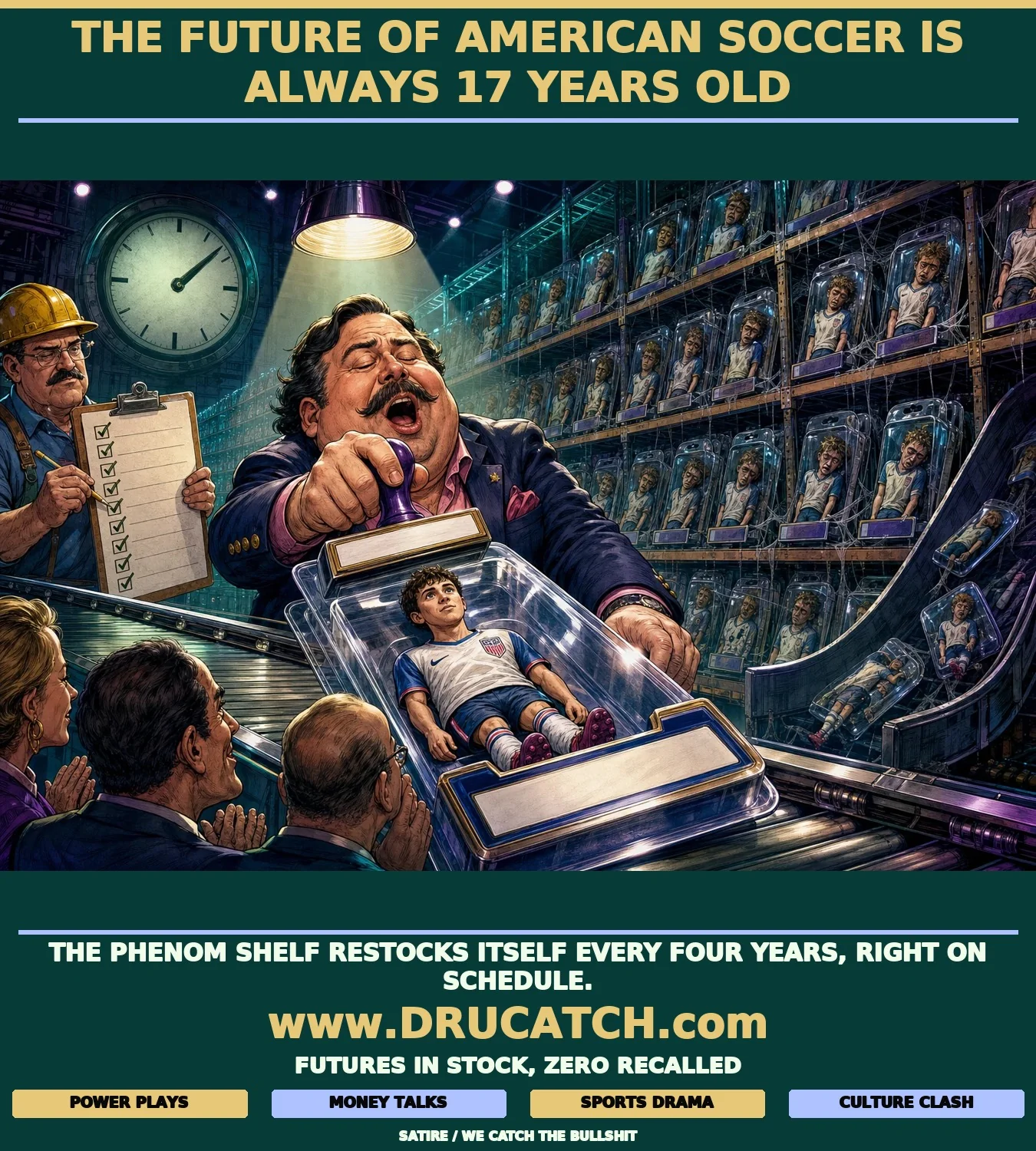 Editorial cartoon of a factory conveyor belt producing packaged teenage soccer phenoms labeled with cable news chyrons, as a media executive stamps each one PHENOM while a dusty warehouse shelf of previous identical packages stretches to the horizon behind him.