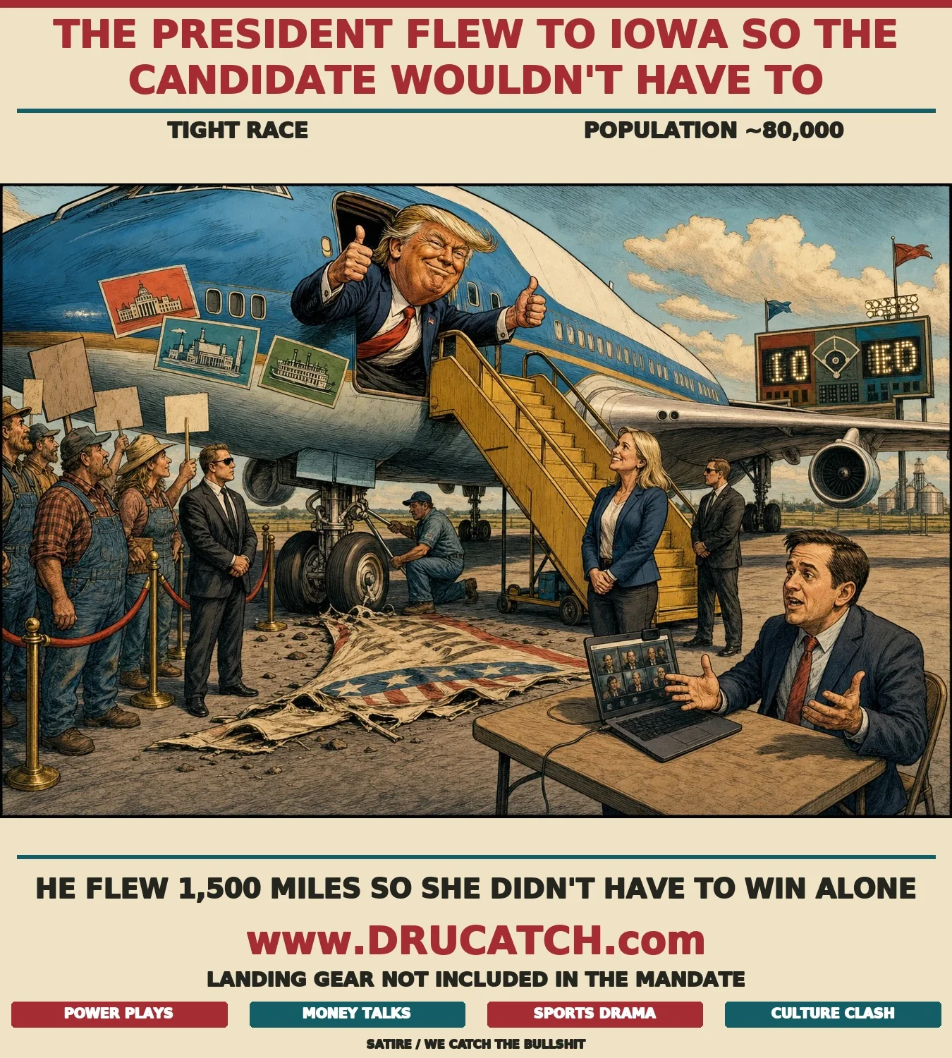 Editorial cartoon caricature of Trump leaning triumphantly from Air Force One's door on a tiny Iowa tarmac, giving double thumbs-up, while Ashley Hinson waits relieved at the stairs and a lone Democratic surrogate runs a webcam on a folding table across the tarmac.