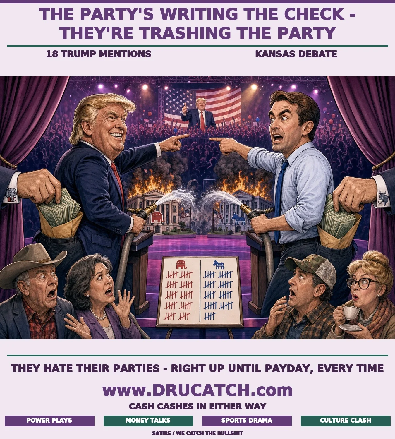 Editorial cartoon: two Senate debate candidates aim fire hoses at each other's party headquarters while giant party-boss hands stuff cash into their back pockets from offstage; a rally crowd cheers in the distant background