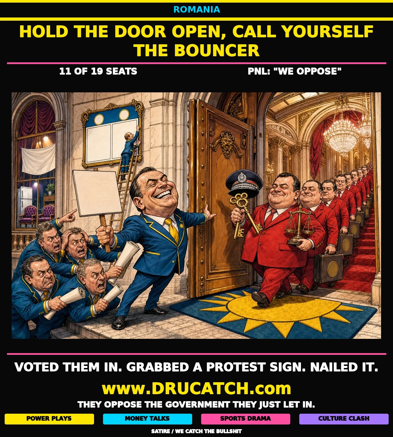 Editorial cartoon of a PNL politician in a blue suit holding open the doors of Victoria Palace while 11 red-suited PSD ministers file in with briefcases, as furious PNL colleagues hammer on the door-holder's back.