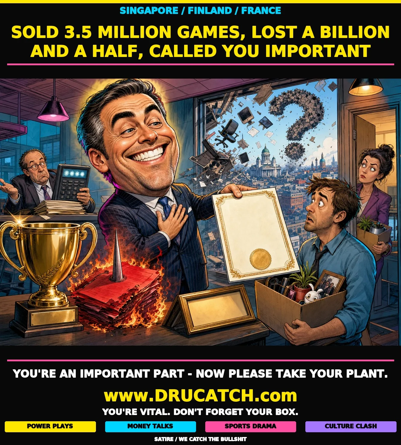 Ubisoft's "Important Part" Certificate Editorial caricature of an Ubisoft executive ceremonially presenting a large official certificate to a worker holding a cardboard box, while office furniture flies out the window behind him and a trophy sits next to a burning invoice on his desk.