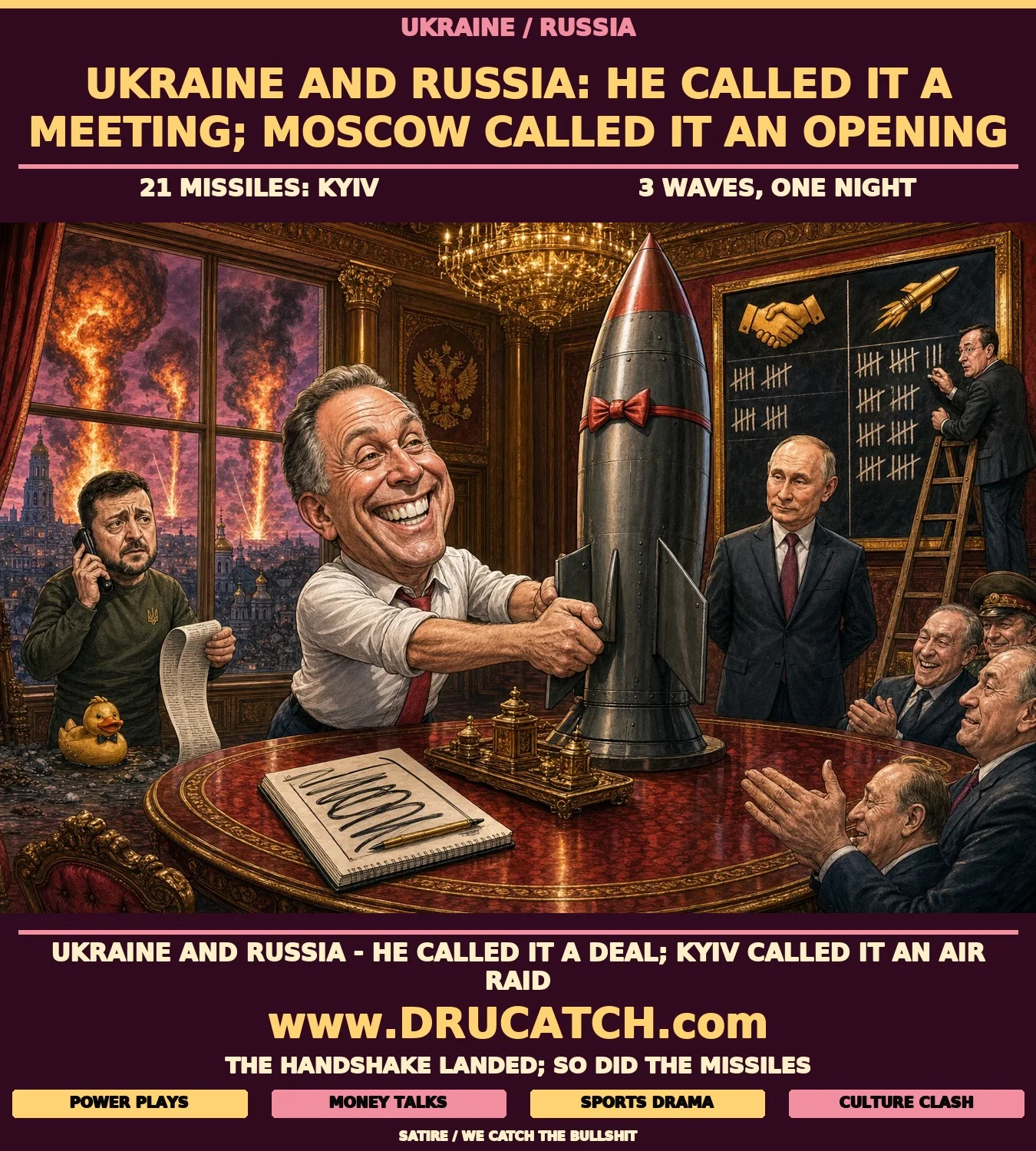 Editorial cartoon: US envoy caricature enthusiastically shakes hands with a bow-tied ballistic missile at a Kremlin negotiating table while Kyiv burns through the window behind him and Putin watches with calm satisfaction.