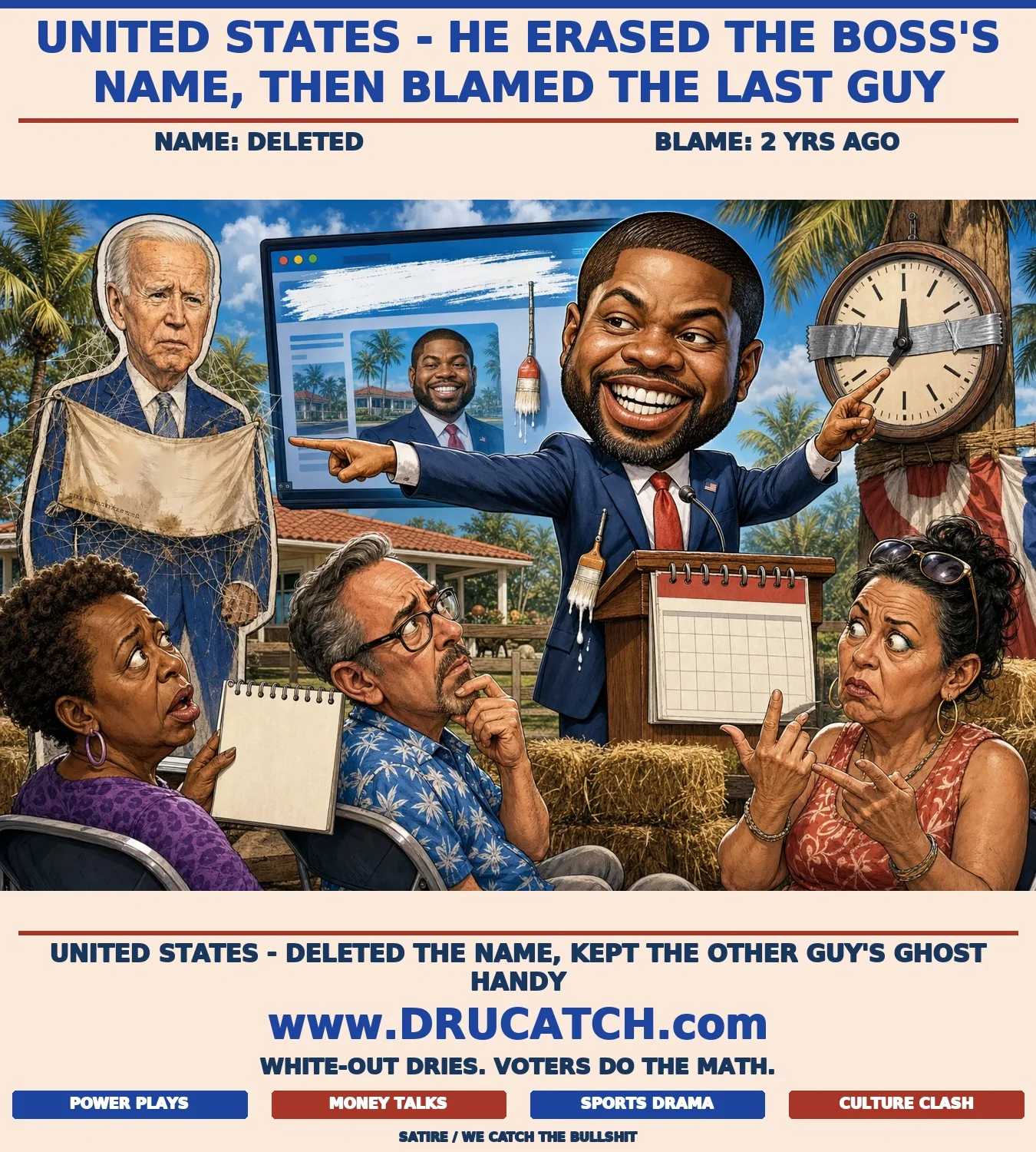 United States - Donalds Points Backward While Editing Forward Editorial caricature of Byron Donalds pointing at a dusty cobwebbed cardboard cutout of Joe Biden at a Florida ranch podium, while a campaign website screen behind him shows a fresh white-out smear where a name was deleted.