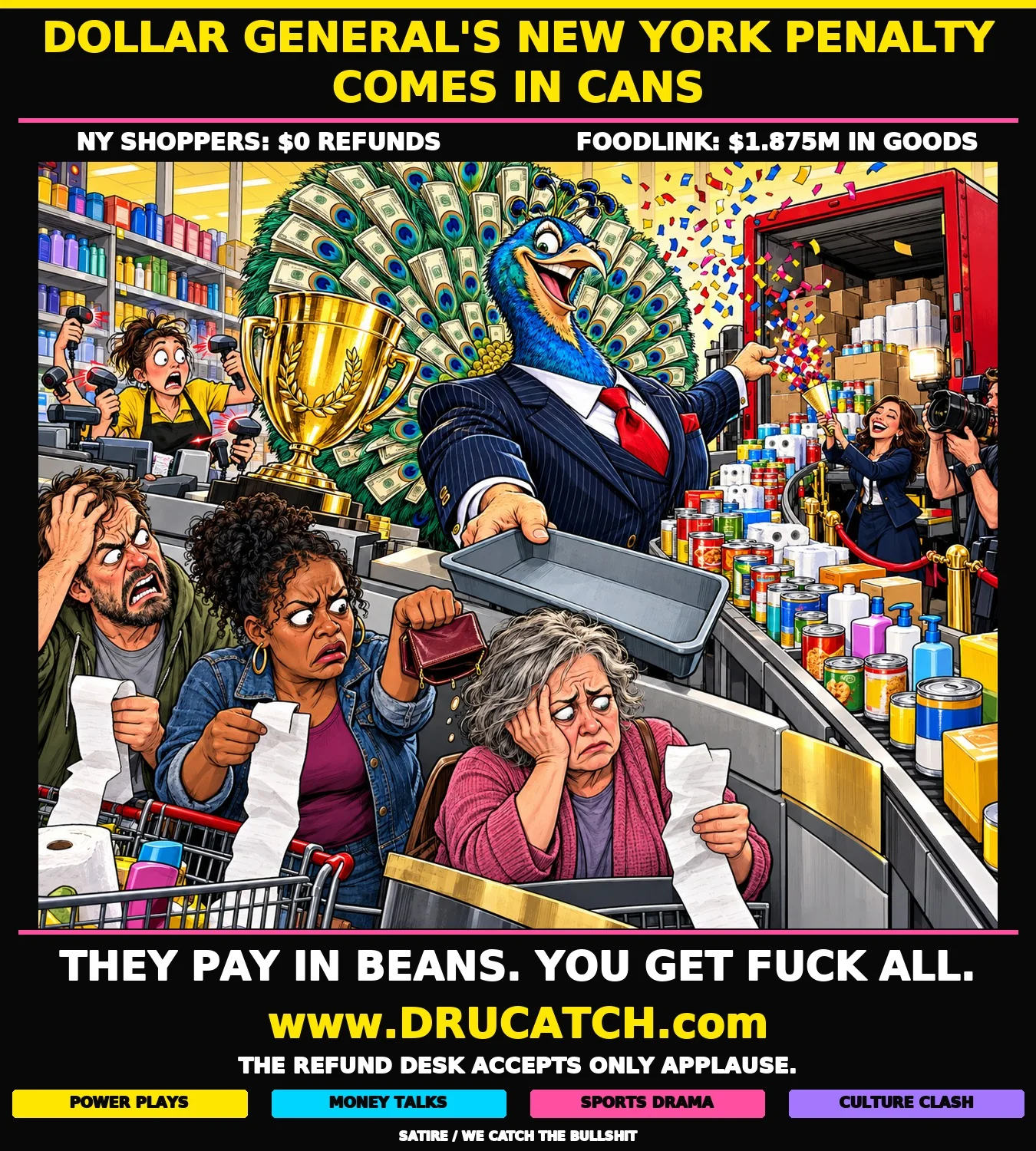 Satirical peacock executive celebrates a food donation while New York shoppers hold receipts beside an empty refund tray.