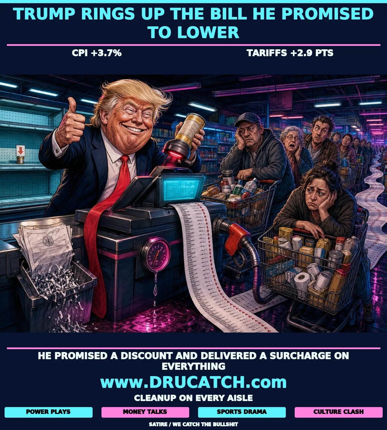Editorial cartoon of Trump's caricature enthusiastically operating a supermarket cash register with a tariff surcharge button while exhausted shoppers watch a massive receipt unroll across the floor