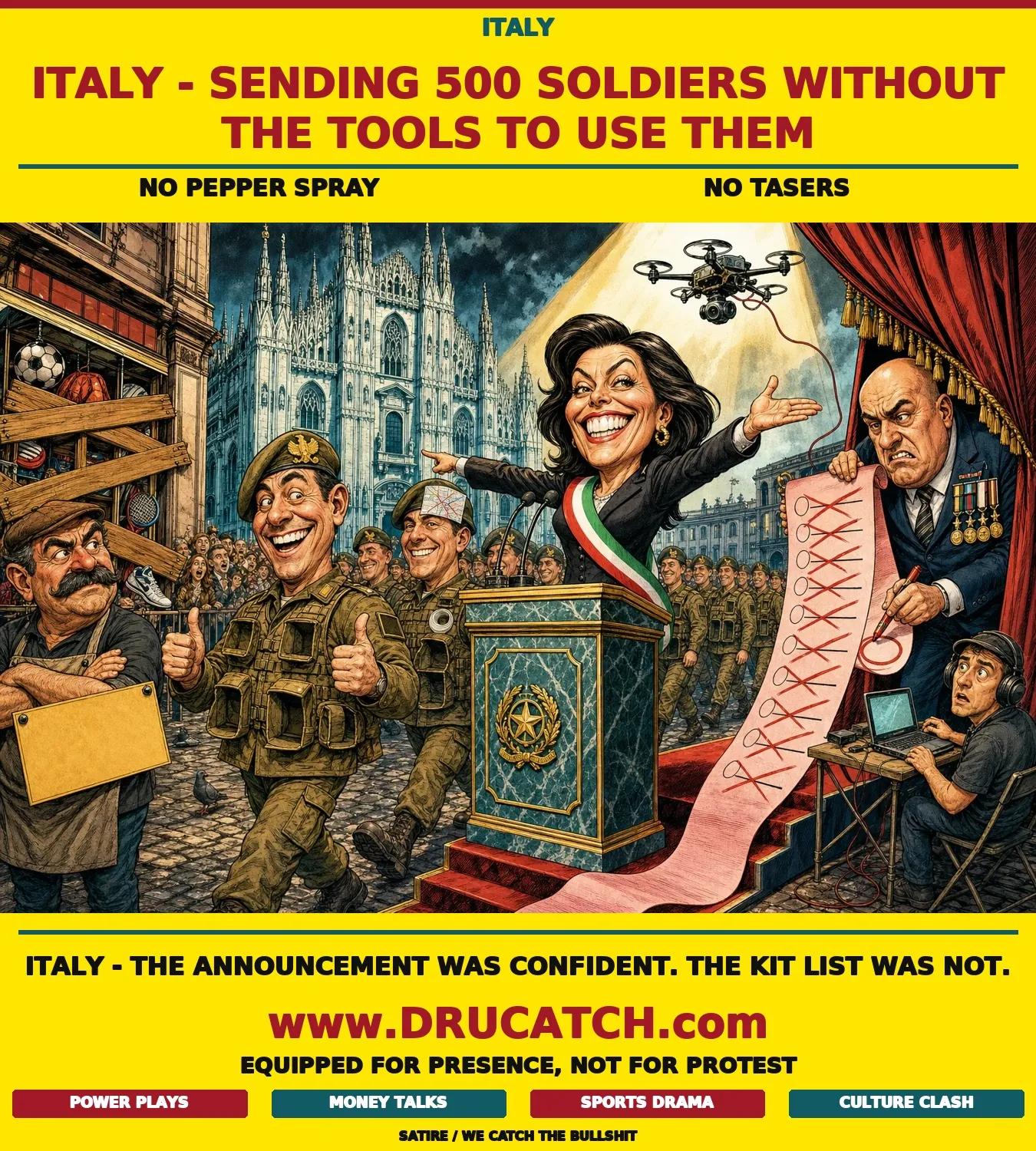 Editorial caricature of Giorgia Meloni announcing a soldier deployment at a Milan podium while the marching soldiers behind her have entirely empty equipment holsters; Guido Crosetto leans out from backstage clutching a crossed-out checklist that unspools to the floor.