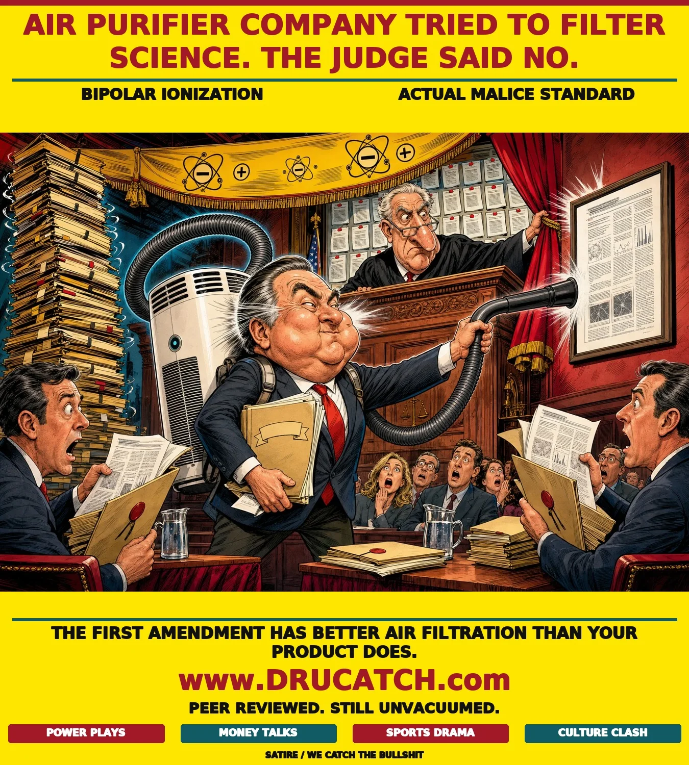 Editorial cartoon of a corporate executive with an air purifier on his back aiming a giant vacuum hose at a framed journal article on a courtroom wall; the hose bounces back at him while a judge yanks down a Confidential curtain revealing a wall of press releases.