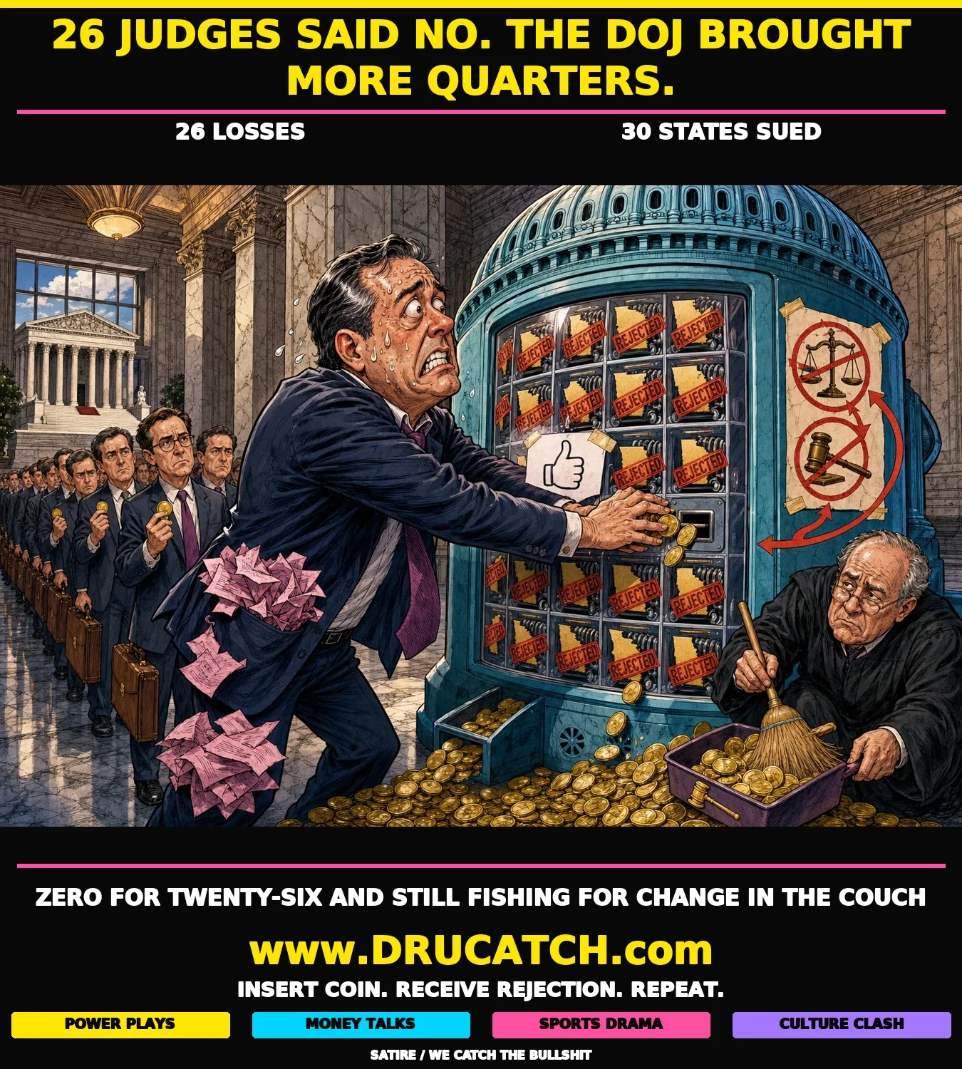 Cartoon of a sweating DOJ lawyer frantically feeding coins into a broken Capitol-dome-shaped vending machine full of rejected state voter-roll folders while a queue of identical lawyers waits behind him