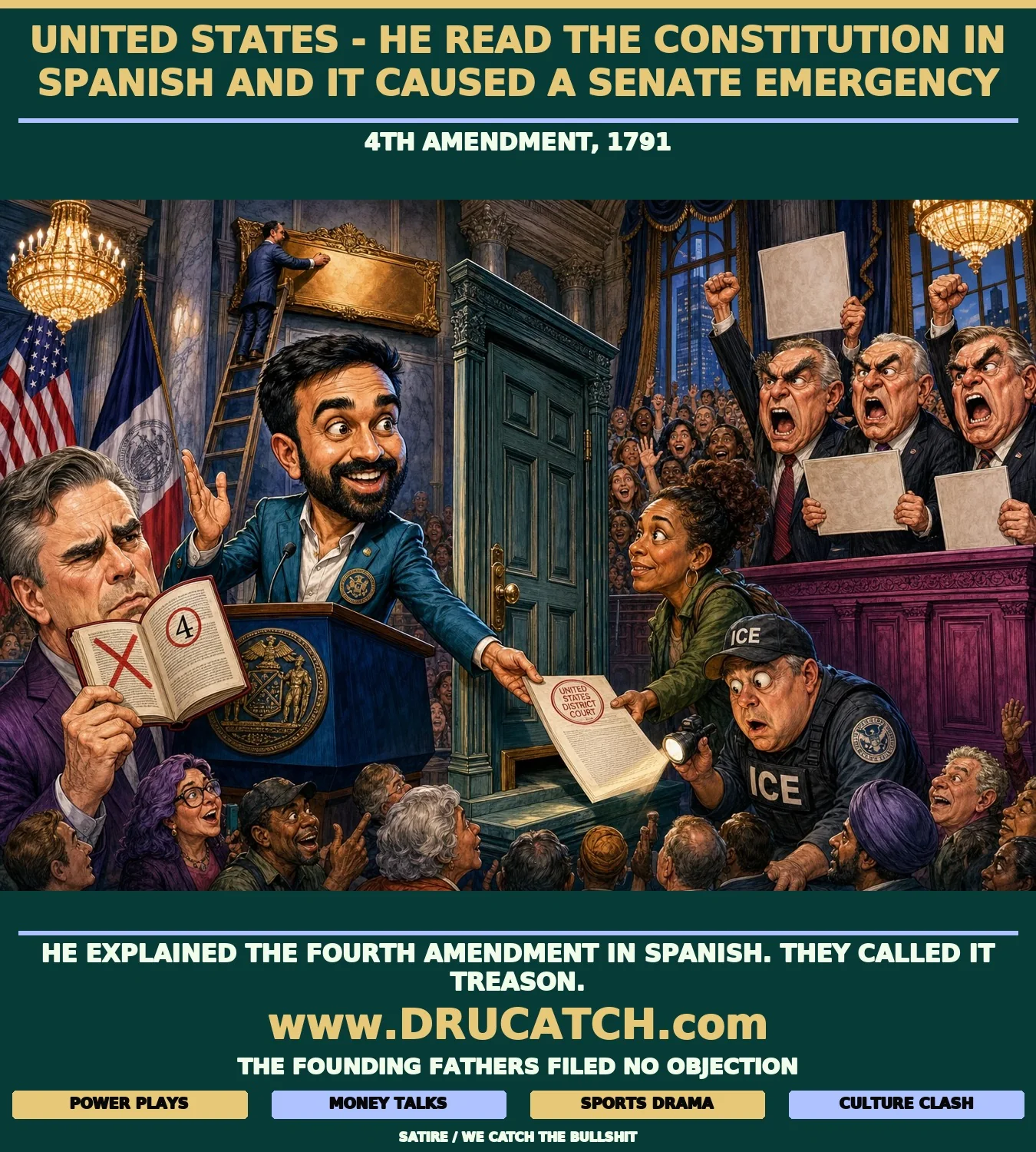 Editorial cartoon of NYC Mayor Zohran Mamdani sliding a court-stamped document under a door at a city hall podium while Republican senator caricatures rage behind him and a Tom Fitton caricature holds a Constitution with a red X through it, its open page showing the number four.