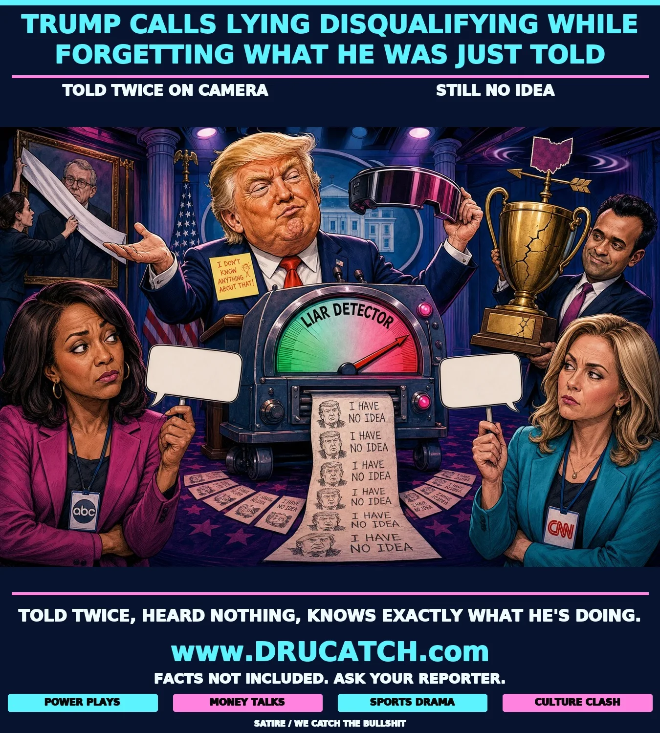 Editorial caricature of Trump operating a 'Liar Detector' machine at a White House podium; the machine's needle points back at him while two reporters hold identical fact cards he claims not to know, and a sticky note on his own lapel summarizes the fact.