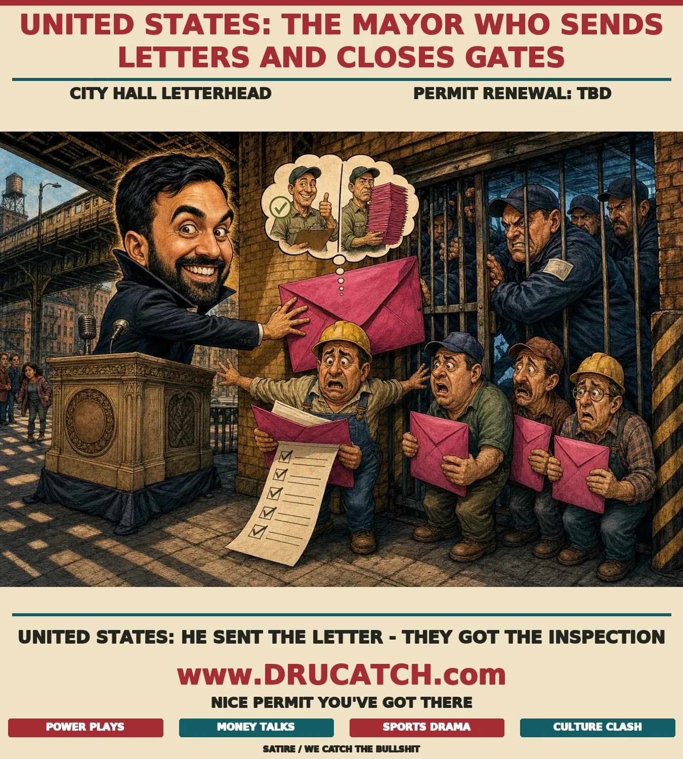 Editorial cartoon of NYC Mayor Mamdani forcing a parking garage gate shut with an official letter while a terrified garage owner is squeezed between him and ICE agents pushing from outside, with a trailing regulatory receipt attached to the envelope.